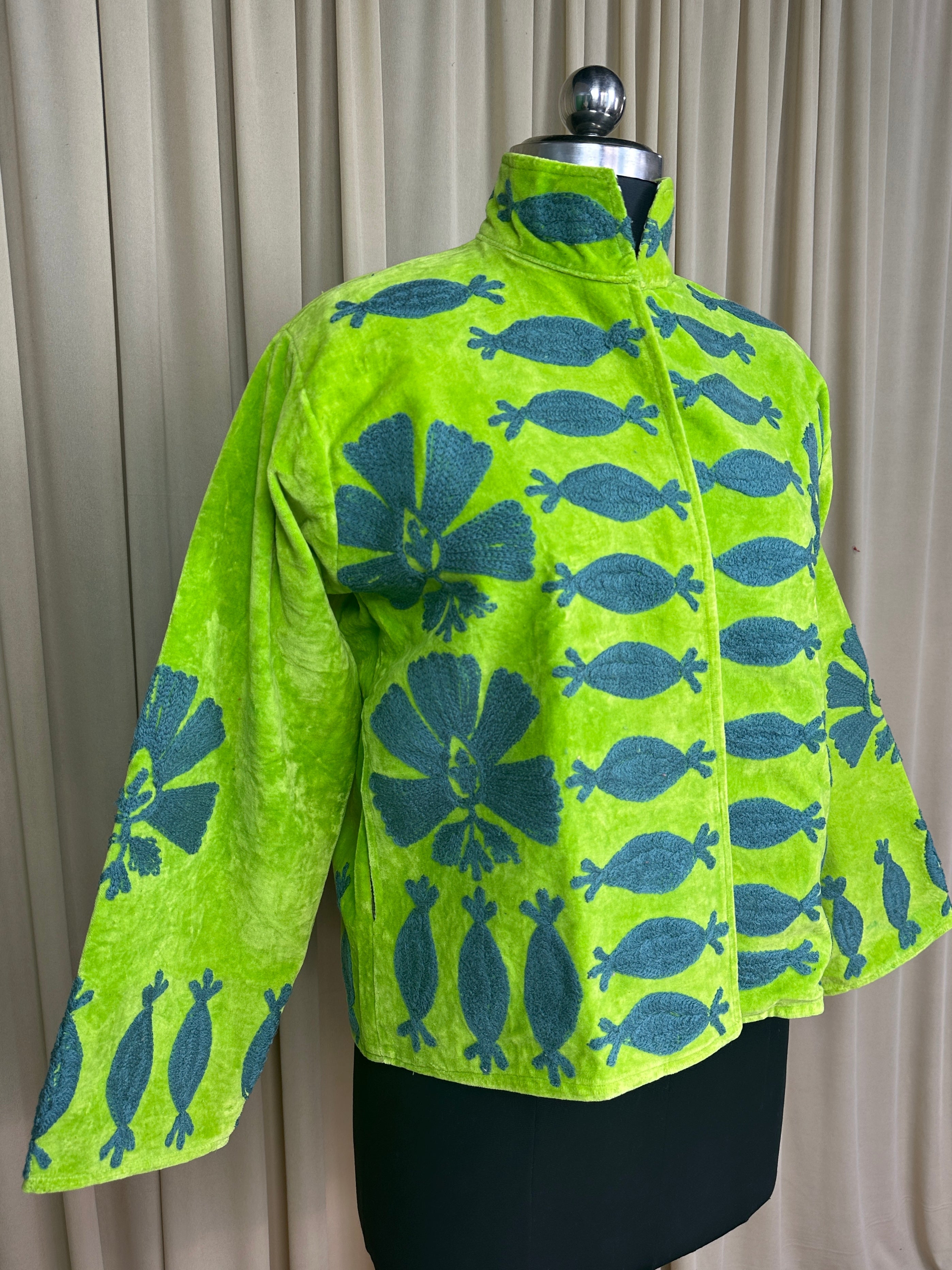 Boho Hand Embroidered Velvet Suzani Jacket, Green Floral Open Front Coat Winter Wear Free Size Robe Retro Chic Free Size Robe Blazer for Her