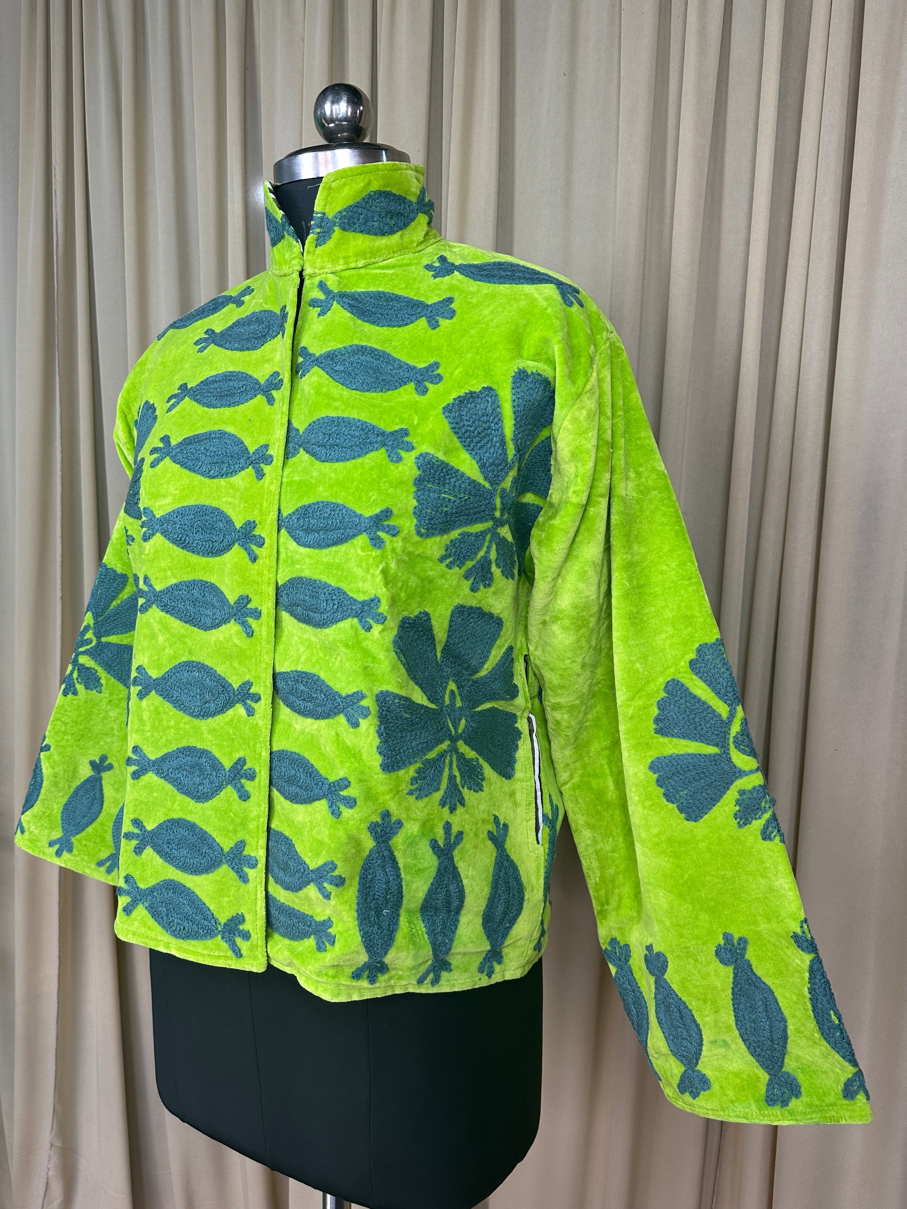 Boho Hand Embroidered Velvet Suzani Jacket, Green Floral Open Front Coat Winter Wear Free Size Robe Retro Chic Free Size Robe Blazer for Her