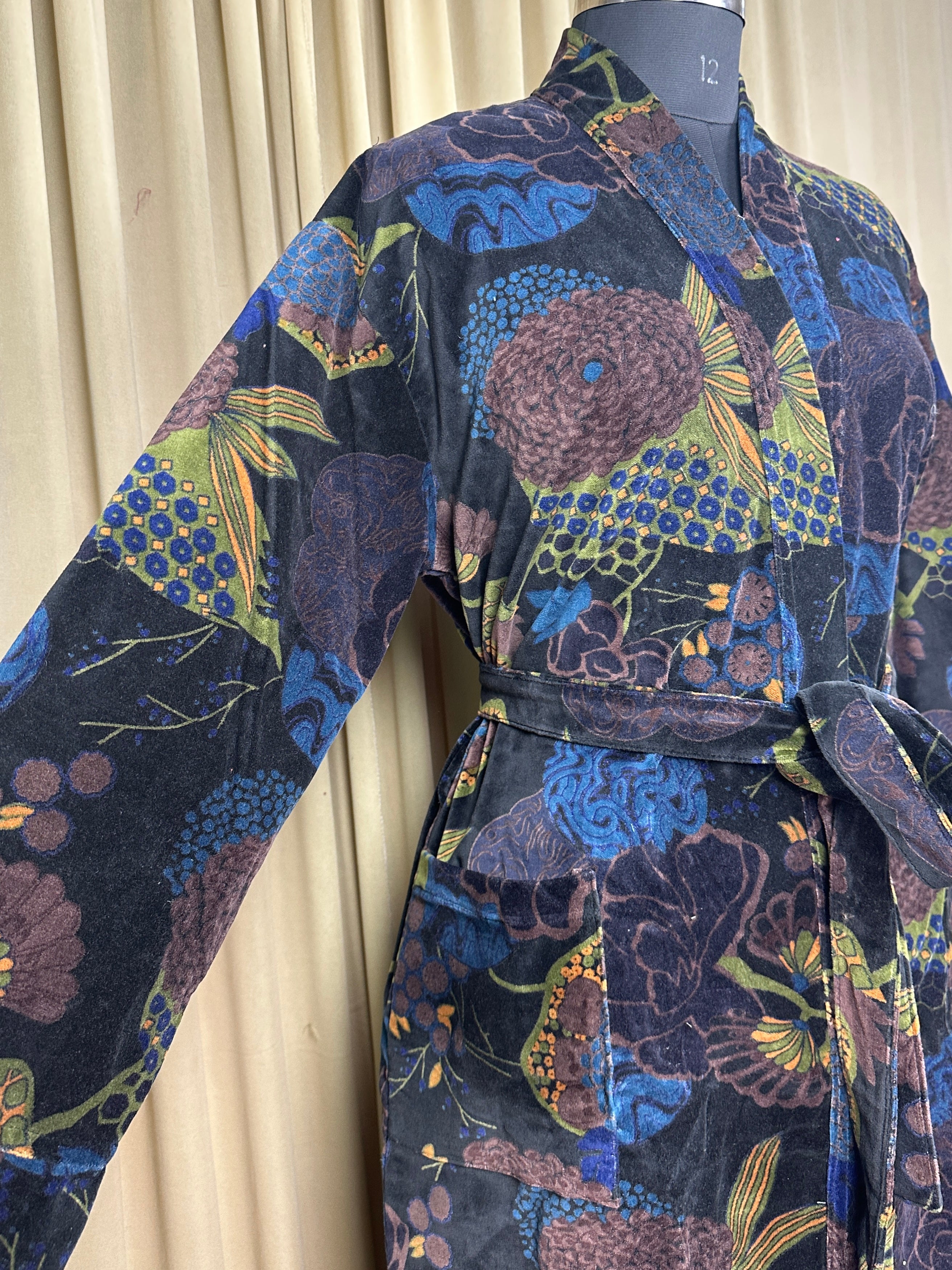Luxury Velvet Kimono Unisex House Robe | Boho Jacket Autumn Winter Christmas Gift Elegant Reversible Silk Lined | Quirky Gown Black Floral