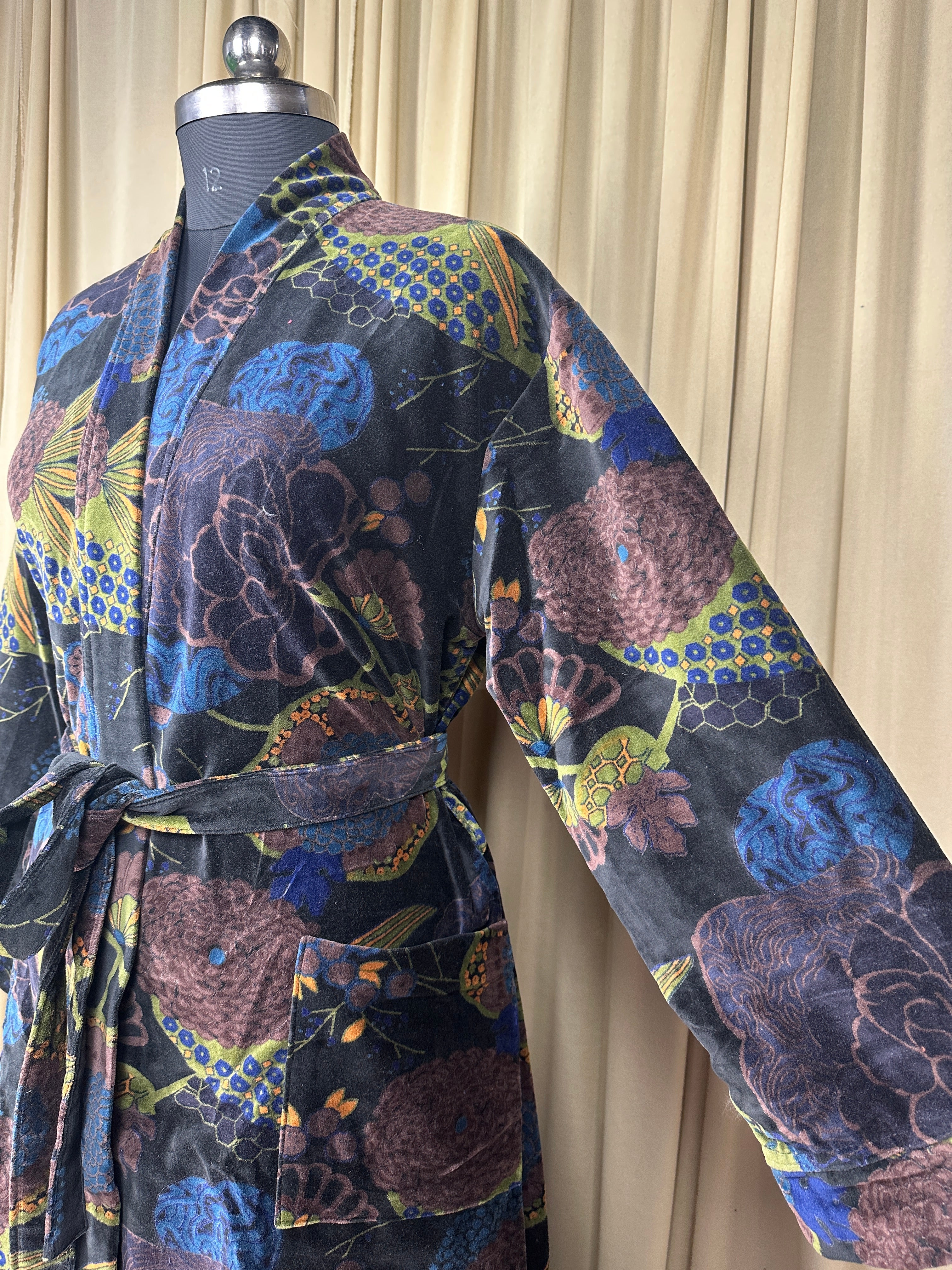 Luxury Velvet Kimono Unisex House Robe | Boho Jacket Autumn Winter Christmas Gift Elegant Reversible Silk Lined | Quirky Gown Black Floral