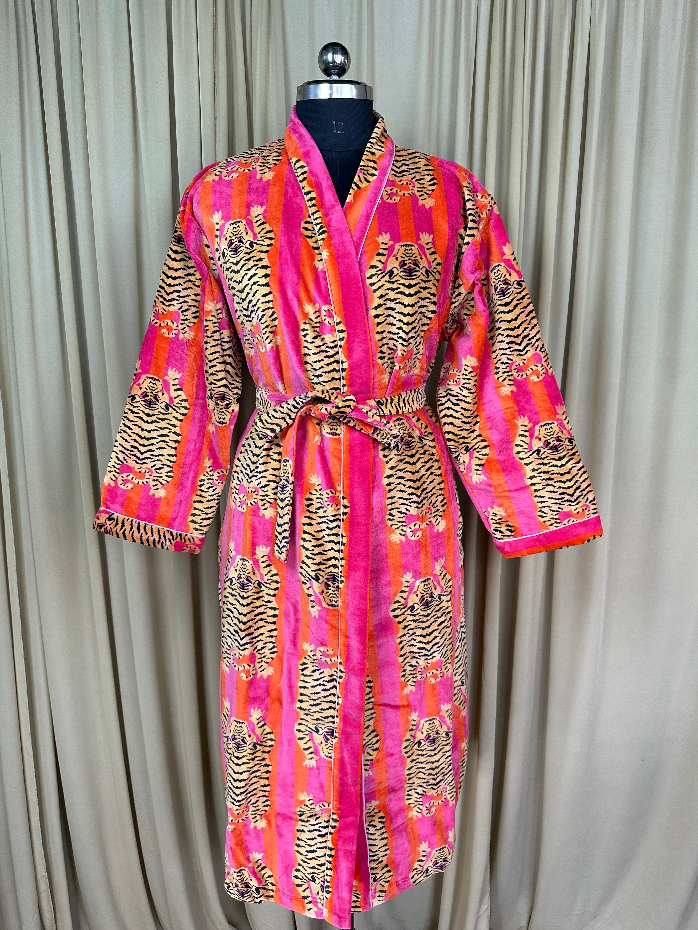 Luxury Velvet Kimono Unisex House Robe | Boho Jacket Autumn Winter Christmas Gift Elegant Reversible Cotton Lined | Quirky Gown Animal print