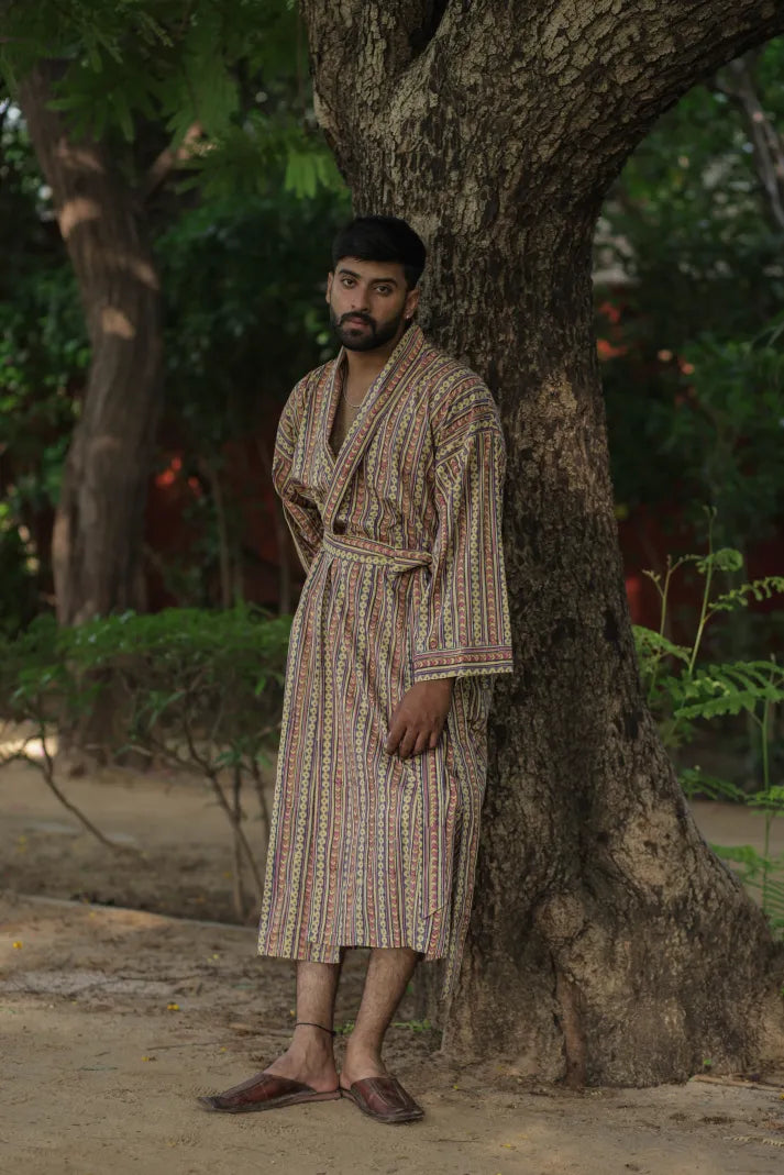 Men's Striped Cotton Bathrobe, Long Lightweight Lounge Robe with Pockets, One Size Comfortable Breathable Spa Resort Beach CoverUp Housecoat
