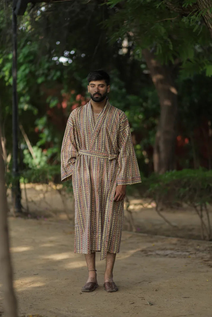 Men's Striped Cotton Bathrobe, Long Lightweight Lounge Robe with Pockets, One Size Comfortable Breathable Spa Resort Beach CoverUp Housecoat