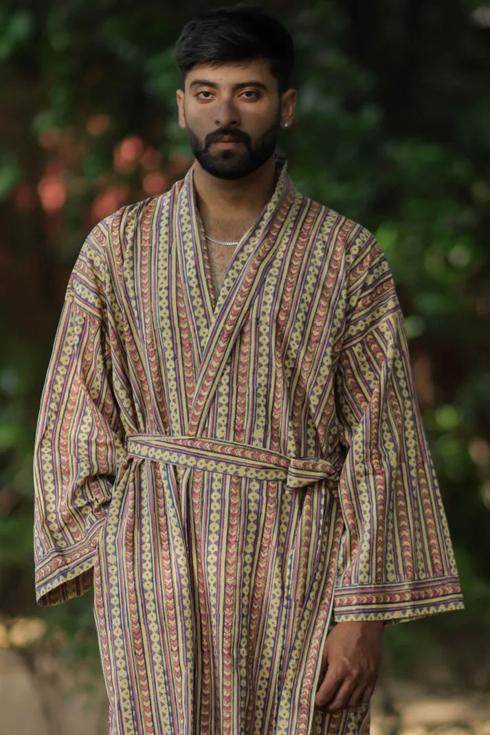 Men's Striped Cotton Bathrobe, Long Lightweight Lounge Robe with Pockets, One Size Comfortable Breathable Spa Resort Beach CoverUp Housecoat