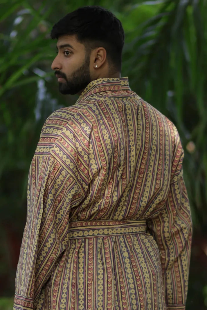 Men's Striped Cotton Bathrobe, Long Lightweight Lounge Robe with Pockets, One Size Comfortable Breathable Spa Resort Beach CoverUp Housecoat