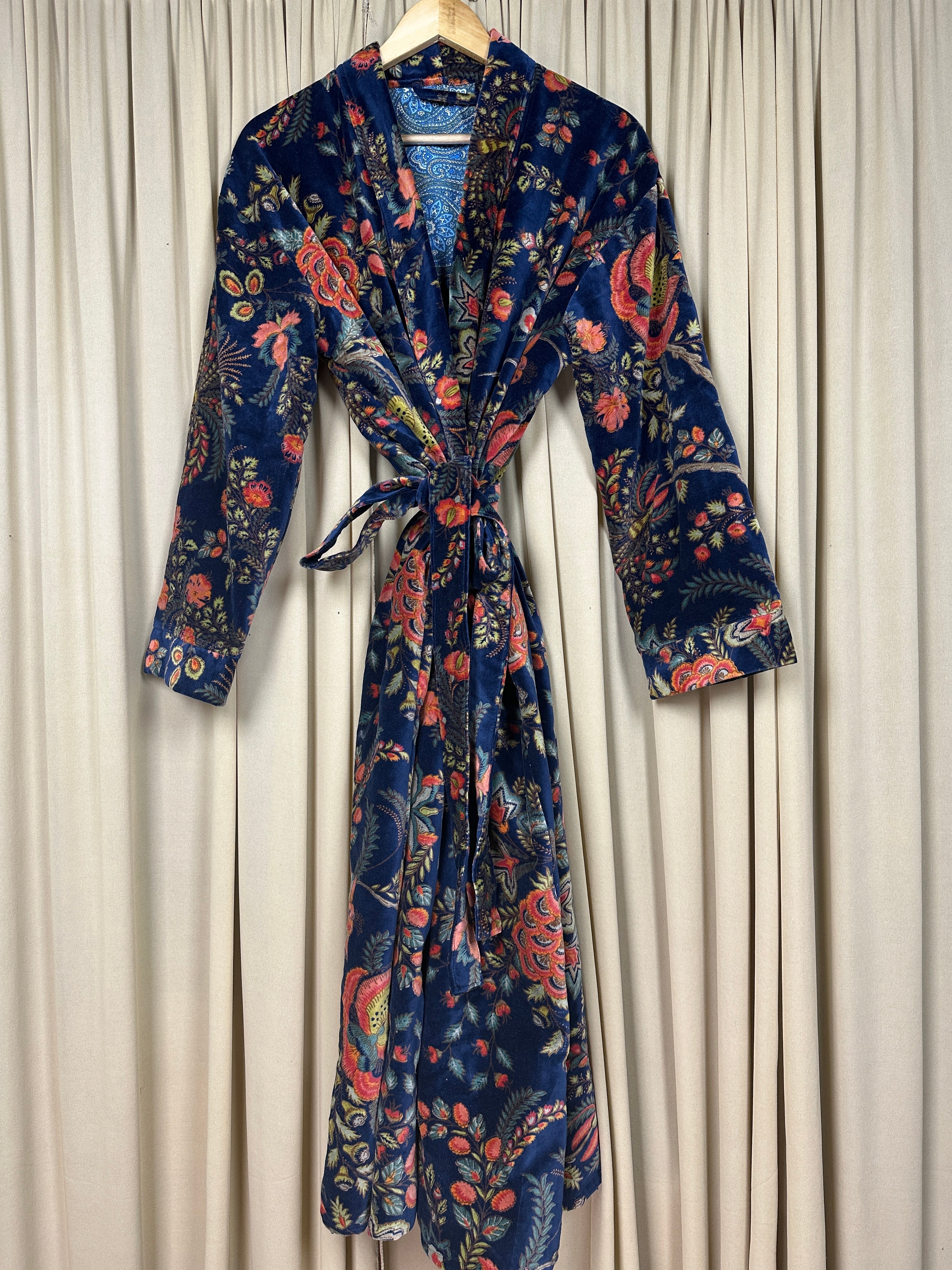 Luxury Velvet Kimono Unisex House Robe | Boho Jacket Autumn Winter Christmas Gift Elegant Reversible Silk Lined | Quirky Gown Blue Floral