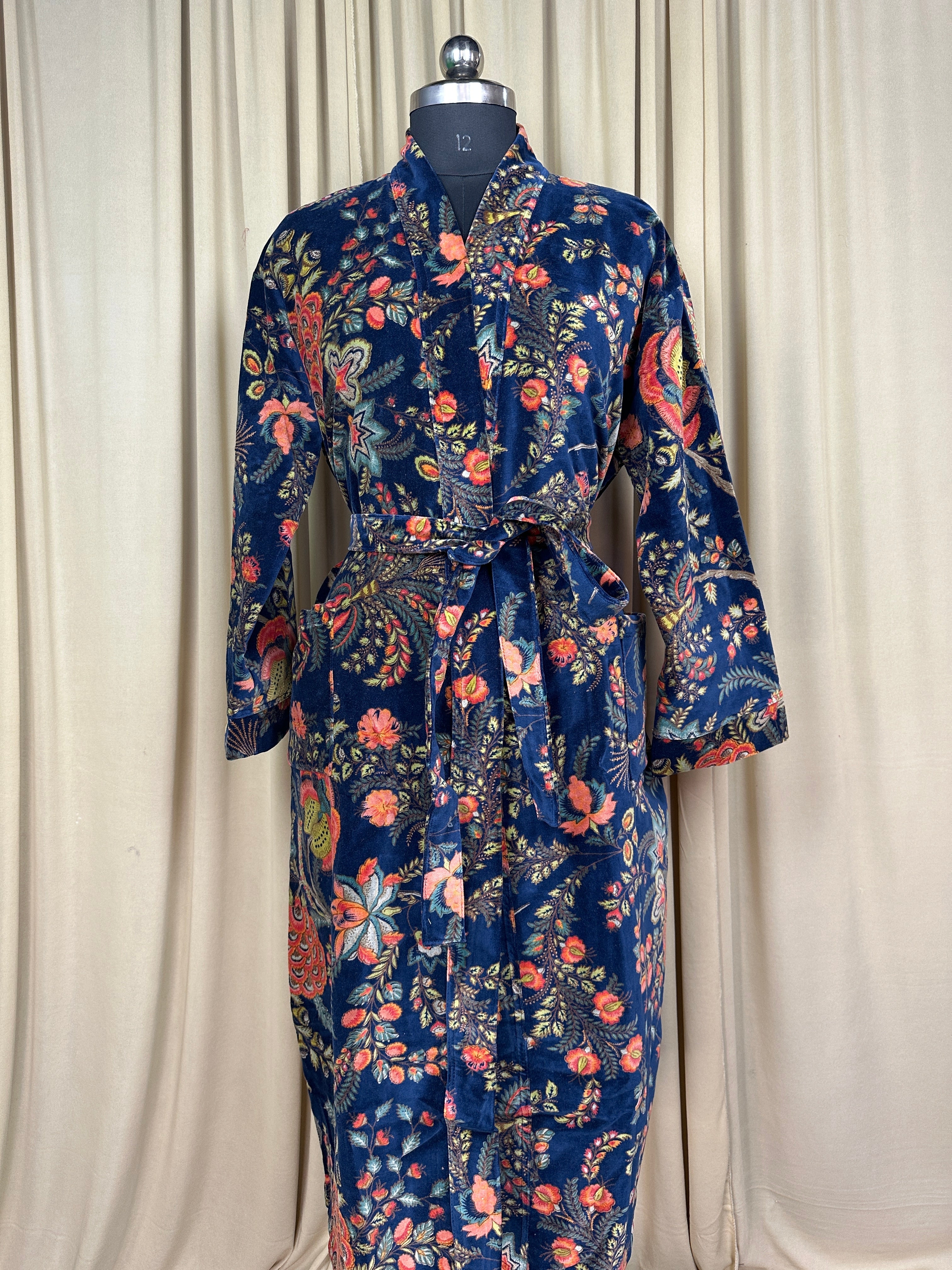 Luxury Velvet Kimono Unisex House Robe | Boho Jacket Autumn Winter Christmas Gift Elegant Reversible Silk Lined | Quirky Gown Blue Floral