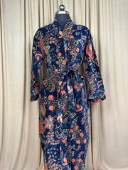Luxury Velvet Kimono Unisex House Robe | Boho Jacket Autumn Winter Christmas Gift Elegant Reversible Silk Lined | Quirky Gown Blue Floral