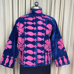 Boho Hand Embroidered Velvet Suzani Jacket, Blue Floral Open Front Coat Winter Wear Free Size Robe Retro Chic Free Size Robe Blazer for Her
