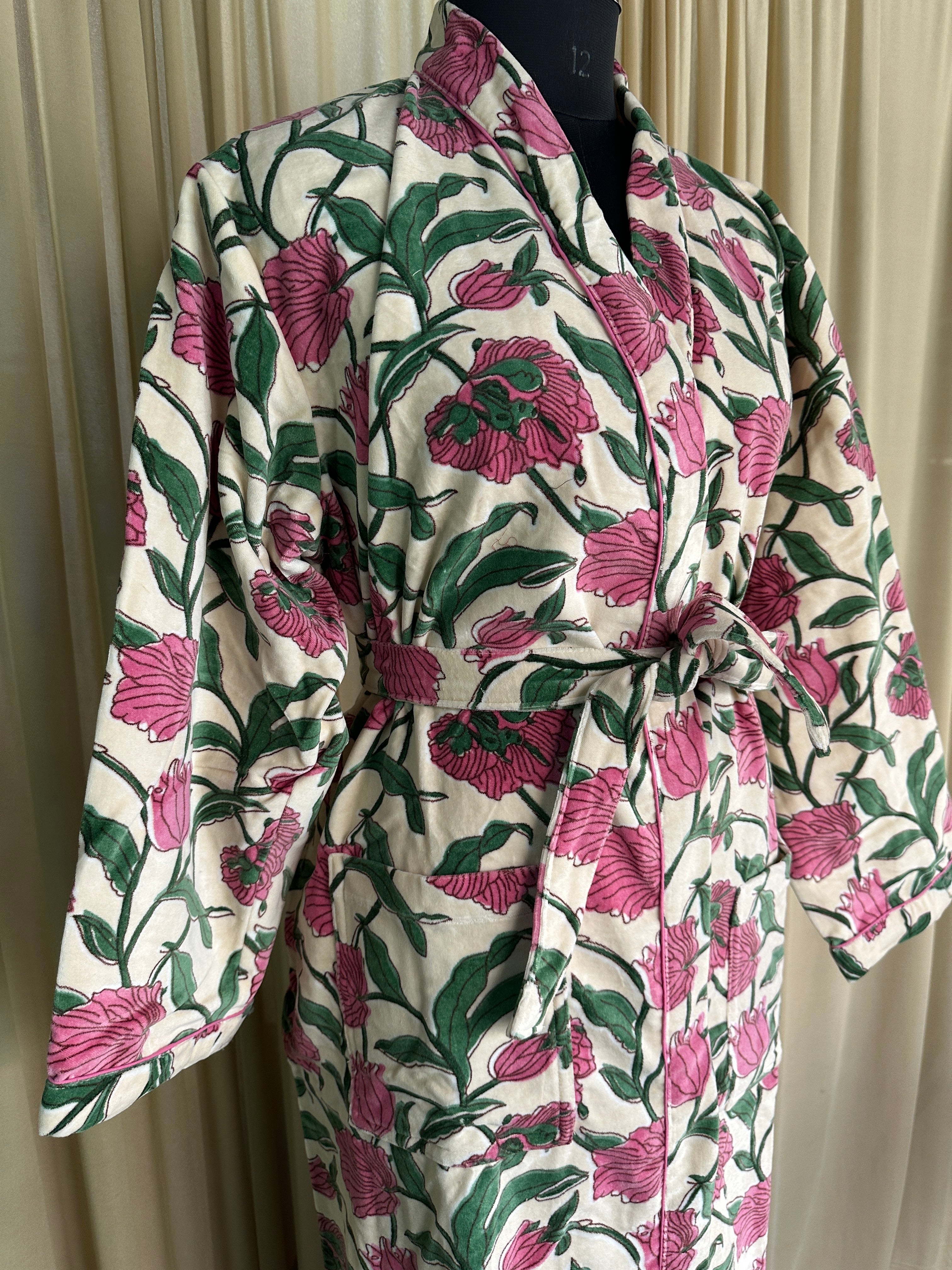 Luxury Velvet Kimono Unisex House Robe | Boho Jacket Autumn Winter Christmas Gift Elegant Reversible Cotton Lined | Quirky Gown White Floral