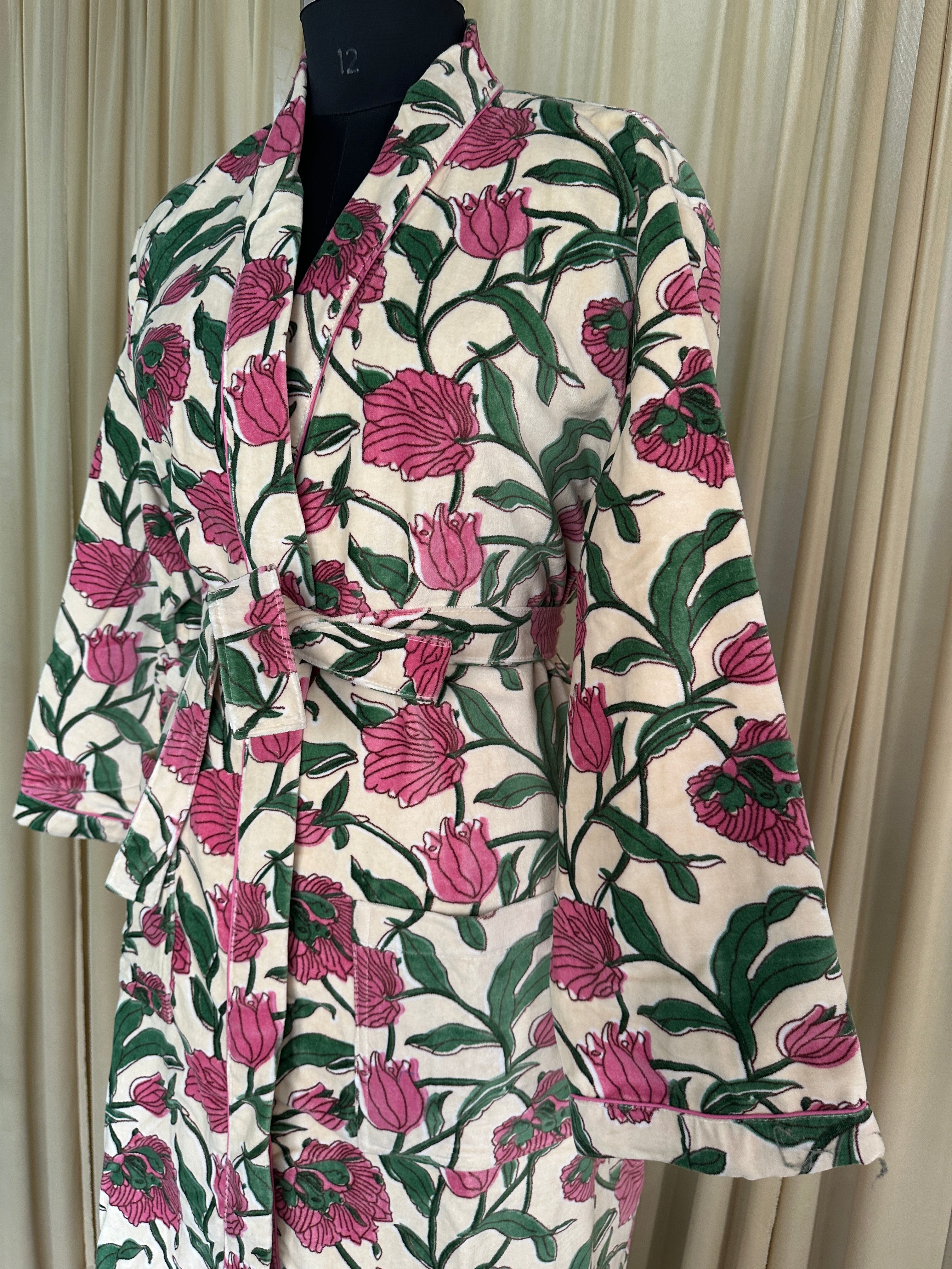 Luxury Velvet Kimono Unisex House Robe | Boho Jacket Autumn Winter Christmas Gift Elegant Reversible Cotton Lined | Quirky Gown White Floral