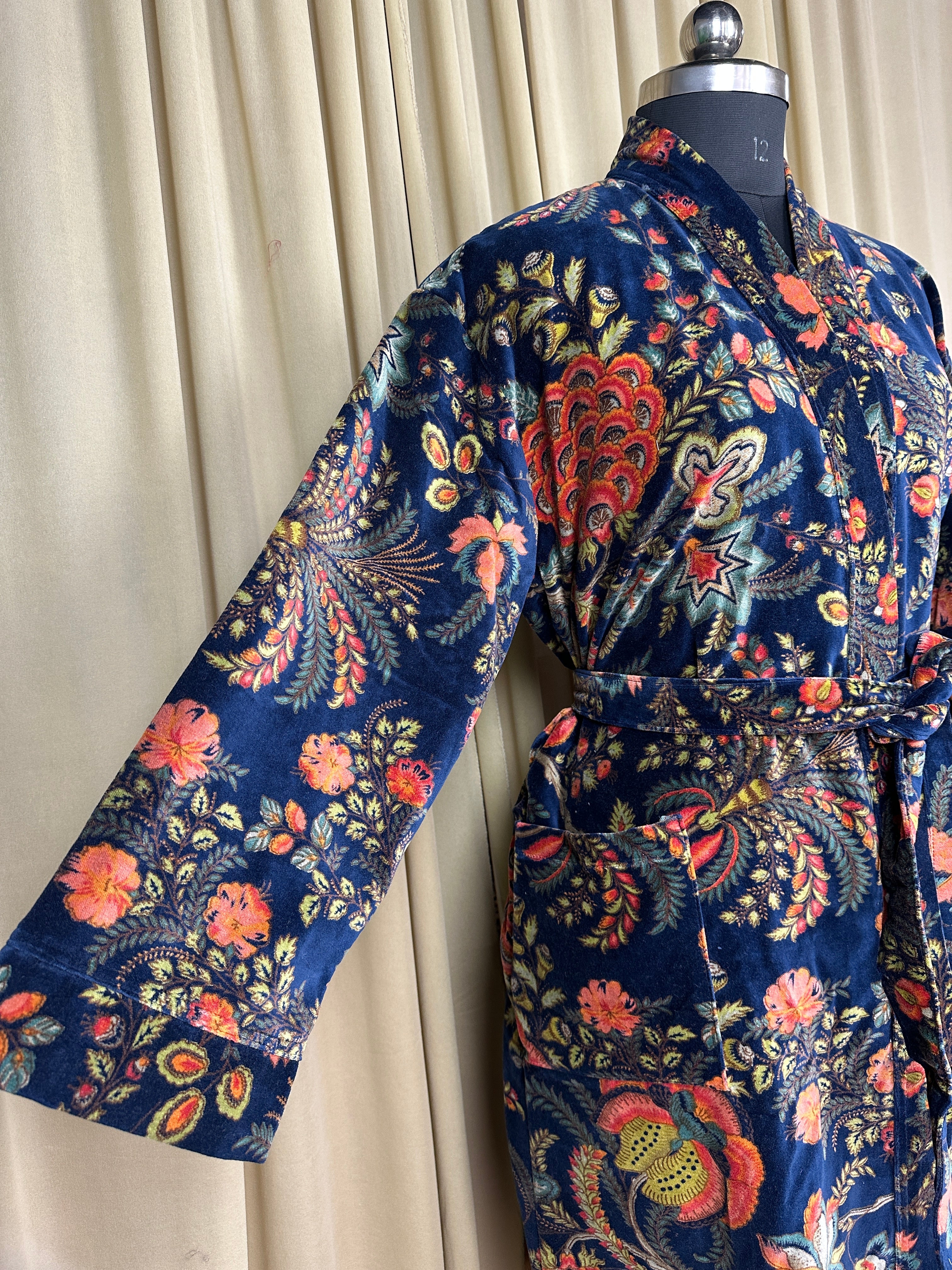 Luxury Velvet Kimono Unisex House Robe | Boho Jacket Autumn Winter Christmas Gift Elegant Reversible Silk Lined | Quirky Gown Blue Floral