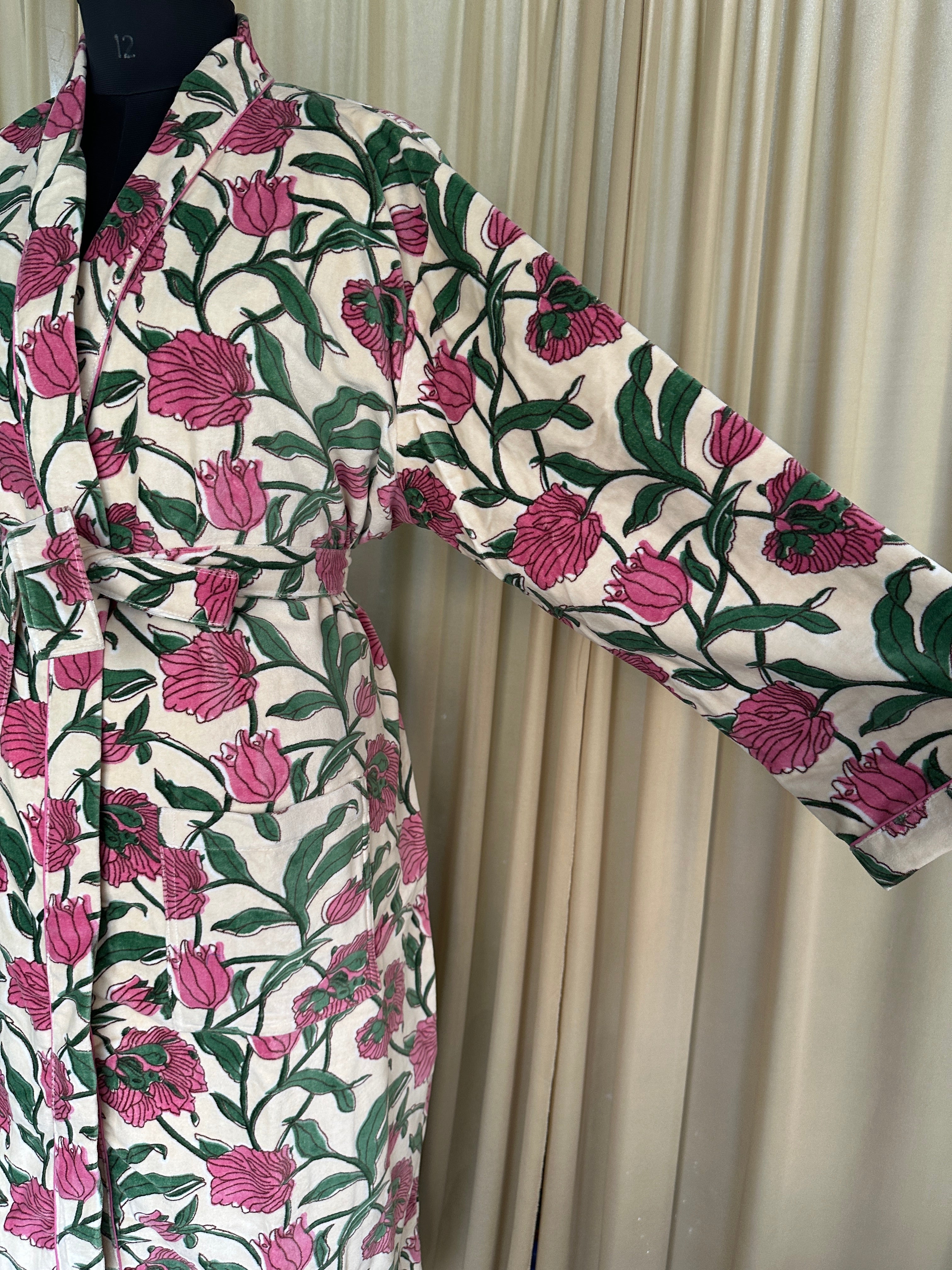 Luxury Velvet Kimono Unisex House Robe | Boho Jacket Autumn Winter Christmas Gift Elegant Reversible Cotton Lined | Quirky Gown White Floral