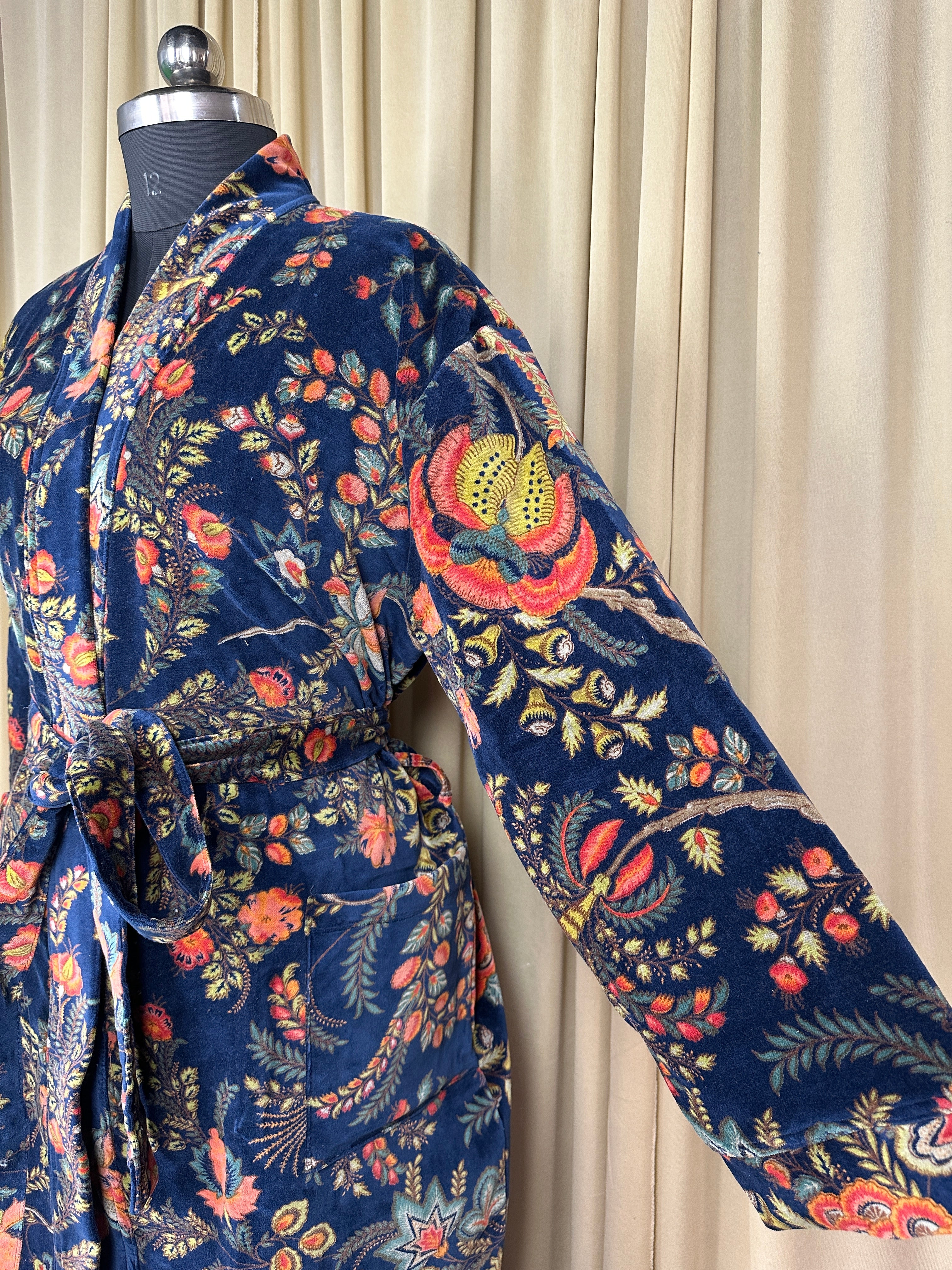 Luxury Velvet Kimono Unisex House Robe | Boho Jacket Autumn Winter Christmas Gift Elegant Reversible Silk Lined | Quirky Gown Blue Floral