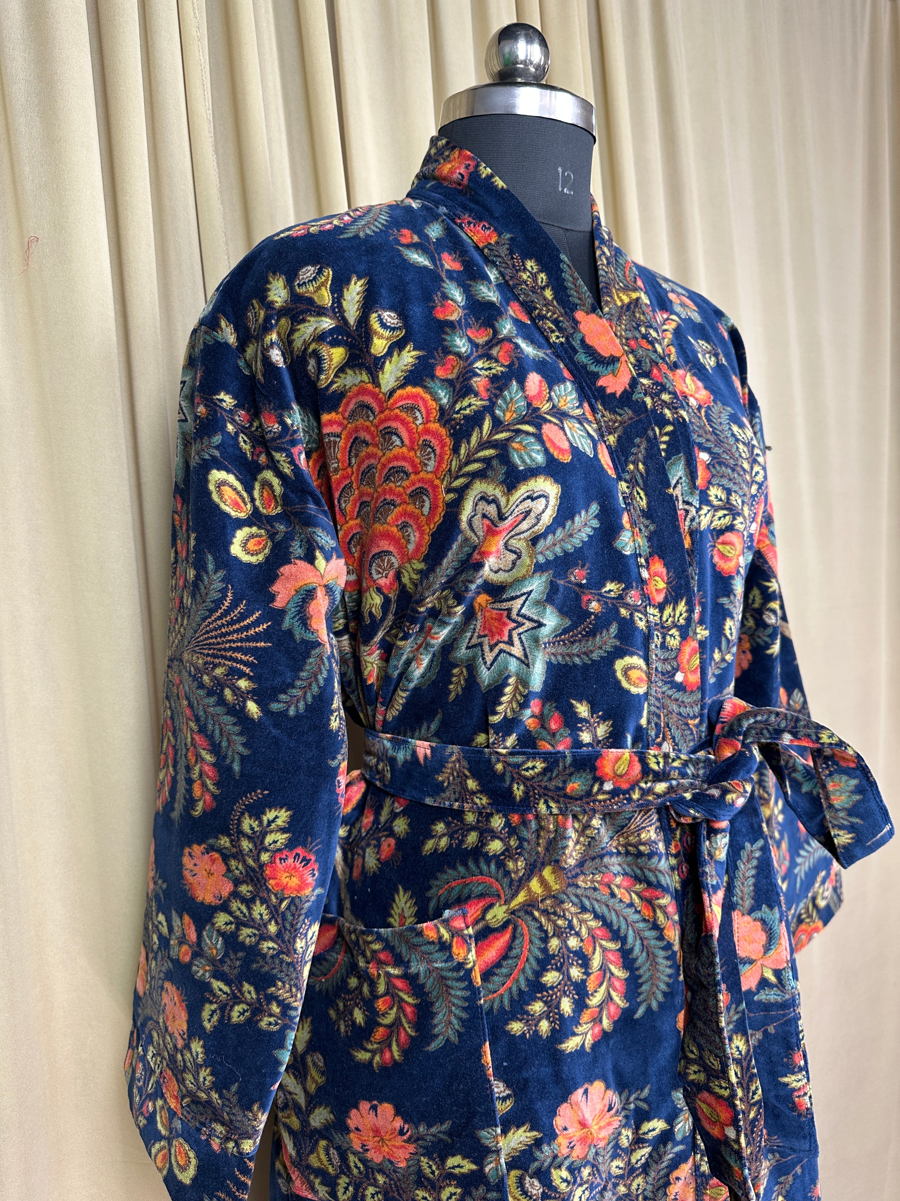 Luxury Velvet Kimono Unisex House Robe | Boho Jacket Autumn Winter Christmas Gift Elegant Reversible Silk Lined | Quirky Gown Blue Floral