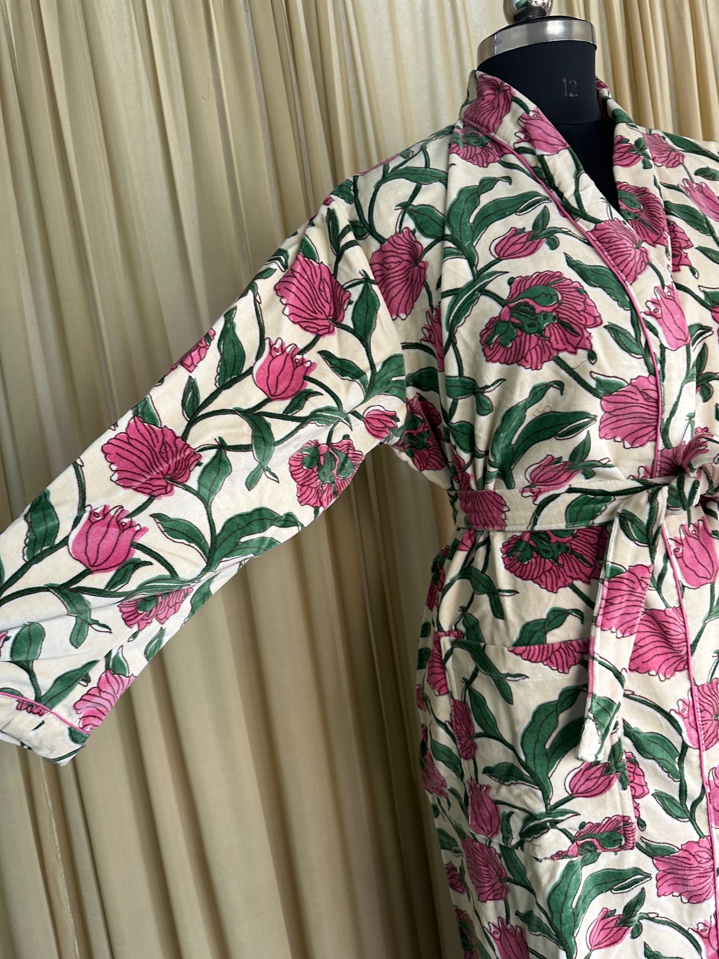 Luxury Velvet Kimono Unisex House Robe | Boho Jacket Autumn Winter Christmas Gift Elegant Reversible Cotton Lined | Quirky Gown White Floral