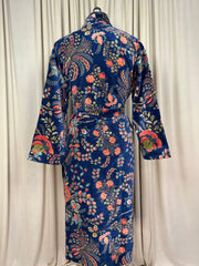 Luxury Velvet Kimono Unisex House Robe | Boho Jacket Autumn Winter Christmas Gift Elegant Reversible Silk Lined | Quirky Gown Blue Floral