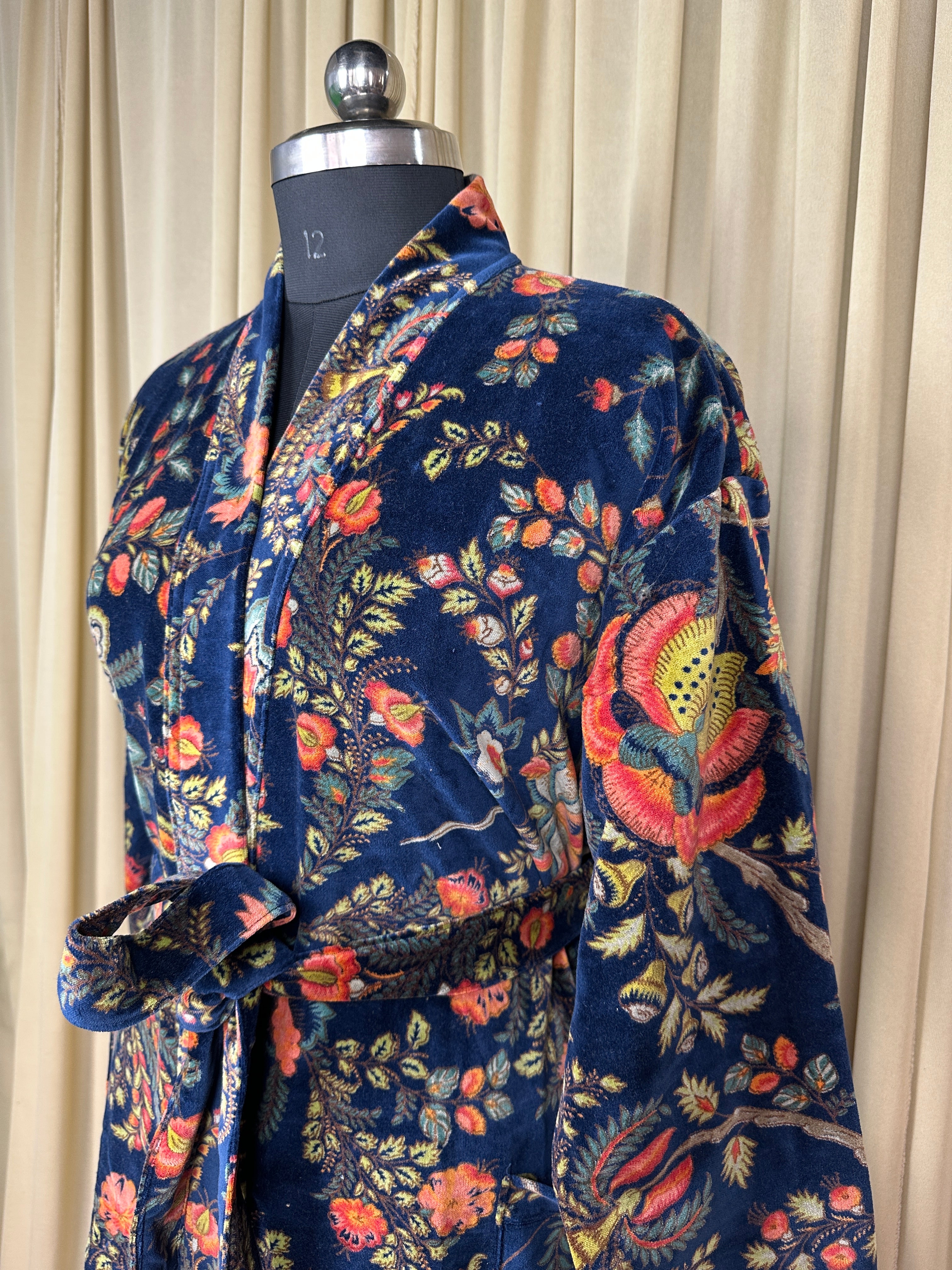 Luxury Velvet Kimono Unisex House Robe | Boho Jacket Autumn Winter Christmas Gift Elegant Reversible Silk Lined | Quirky Gown Blue Floral