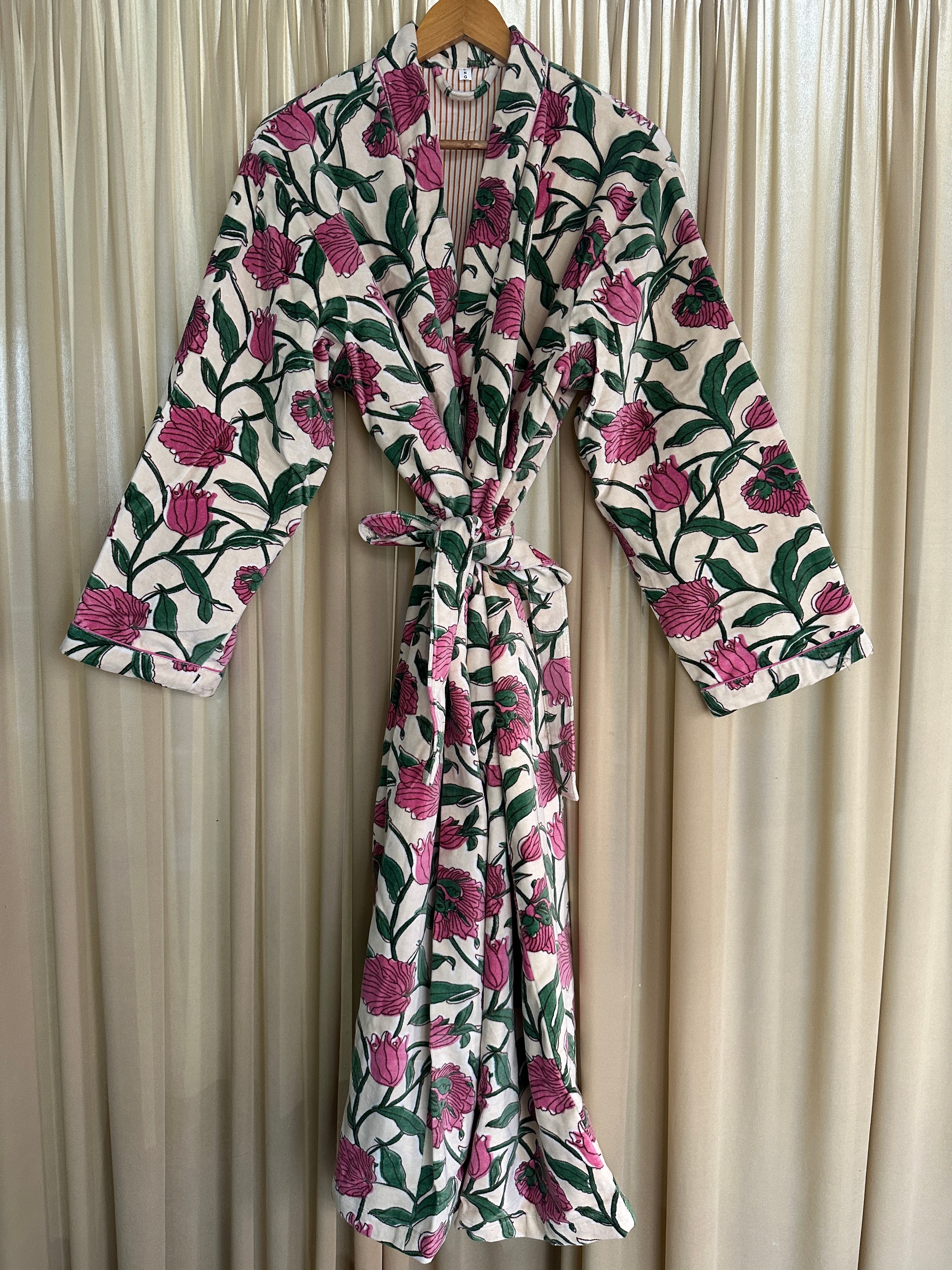 Luxury Velvet Kimono Unisex House Robe | Boho Jacket Autumn Winter Christmas Gift Elegant Reversible Cotton Lined | Quirky Gown White Floral