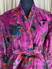 Luxury Velvet Kimono Unisex House Robe | Boho Jacket Autumn Winter Christmas Gift Elegant Reversible Cotton Lined | Quirky Gown Pink Floral