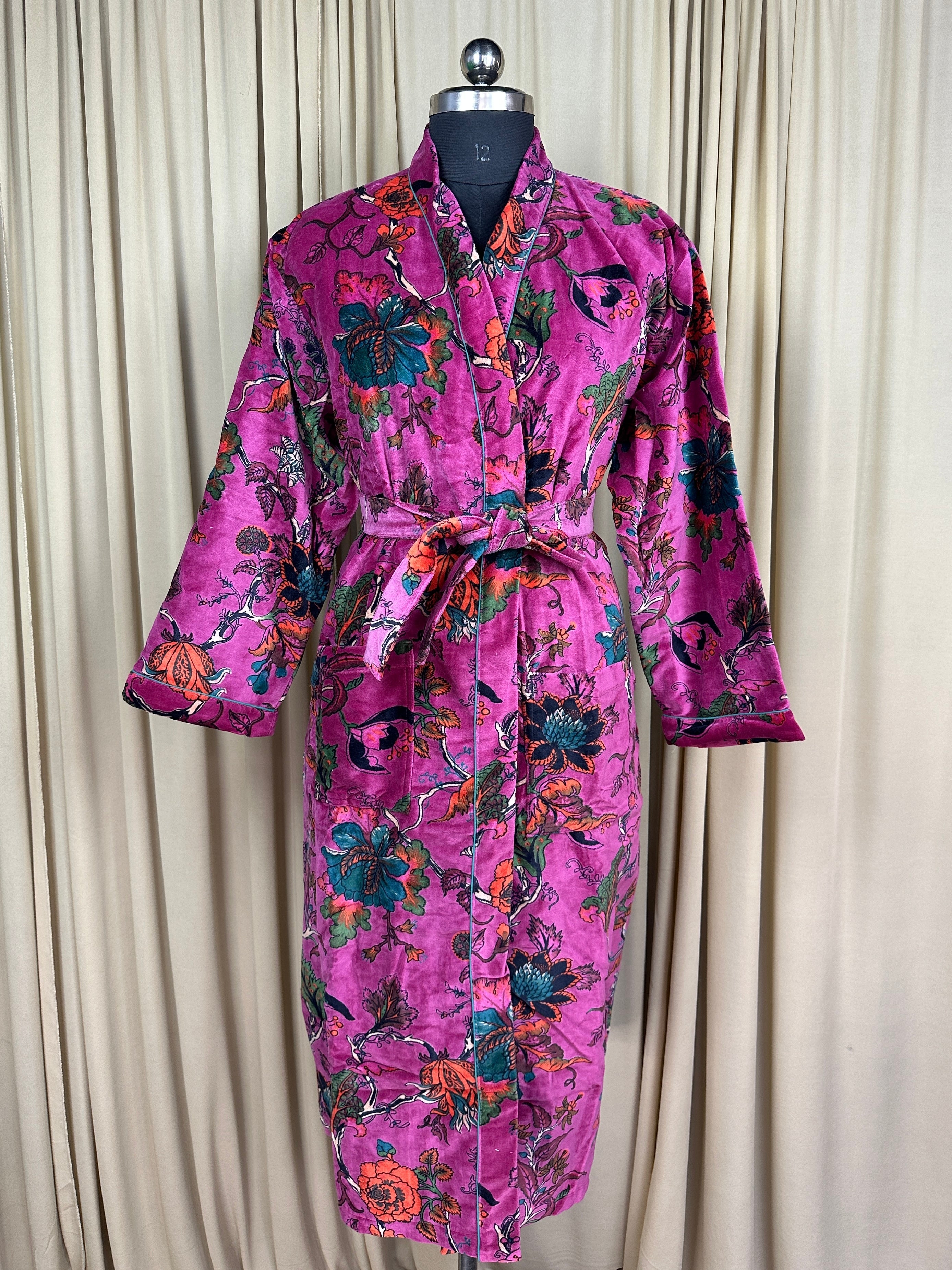 Luxury Velvet Kimono Unisex House Robe | Boho Jacket Autumn Winter Christmas Gift Elegant Reversible Cotton Lined | Quirky Gown Pink Floral