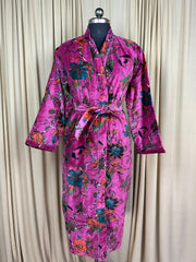 Luxury Velvet Kimono Unisex House Robe | Boho Jacket Autumn Winter Christmas Gift Elegant Reversible Cotton Lined | Quirky Gown Pink Floral