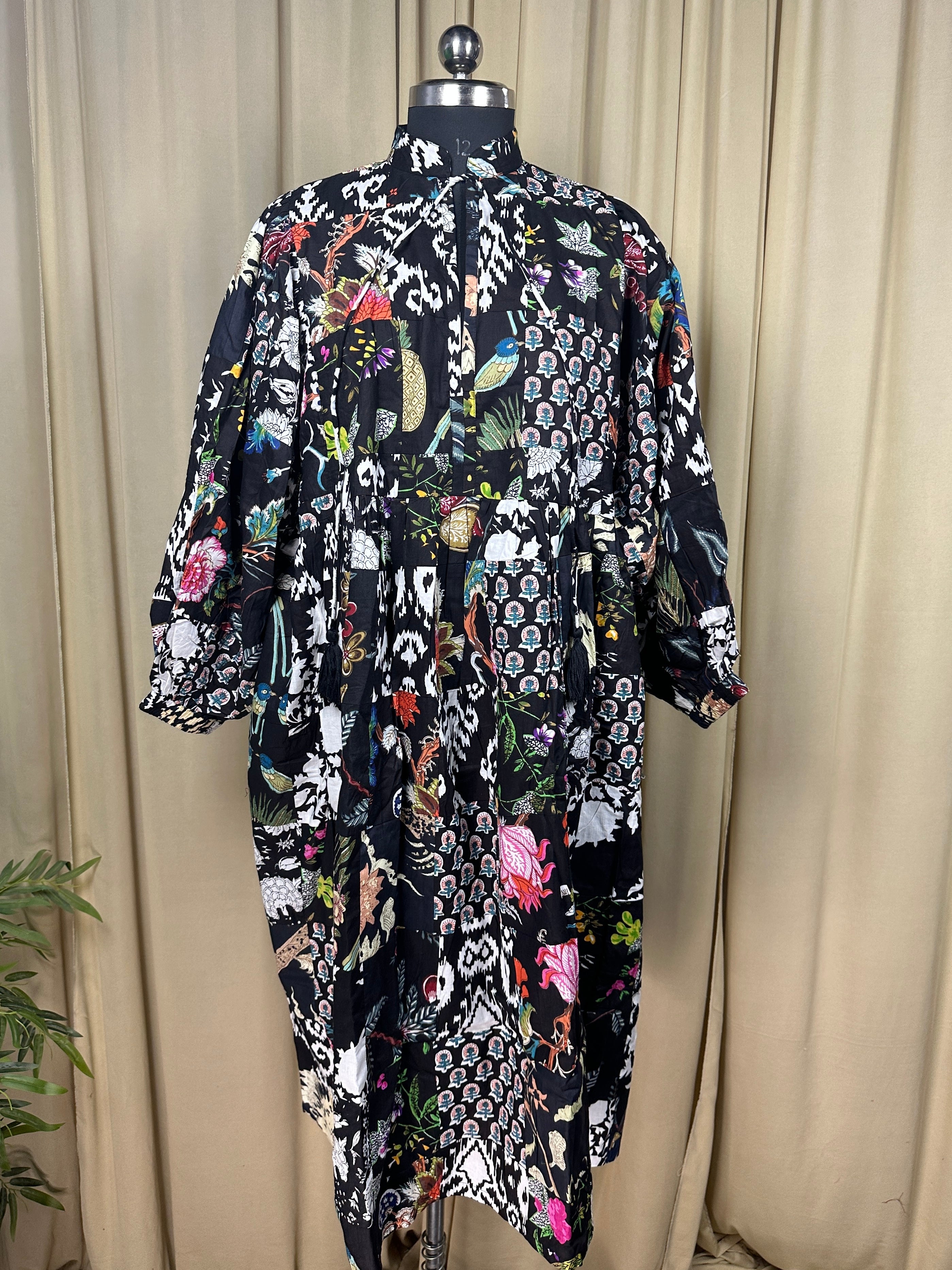 Boho Maxi Dress With Sleeves | Handmade Patchwork Long Flowy Beach Dress, One-of-a-kind Elegant Retro Outfit, Modest Gown with Pockets