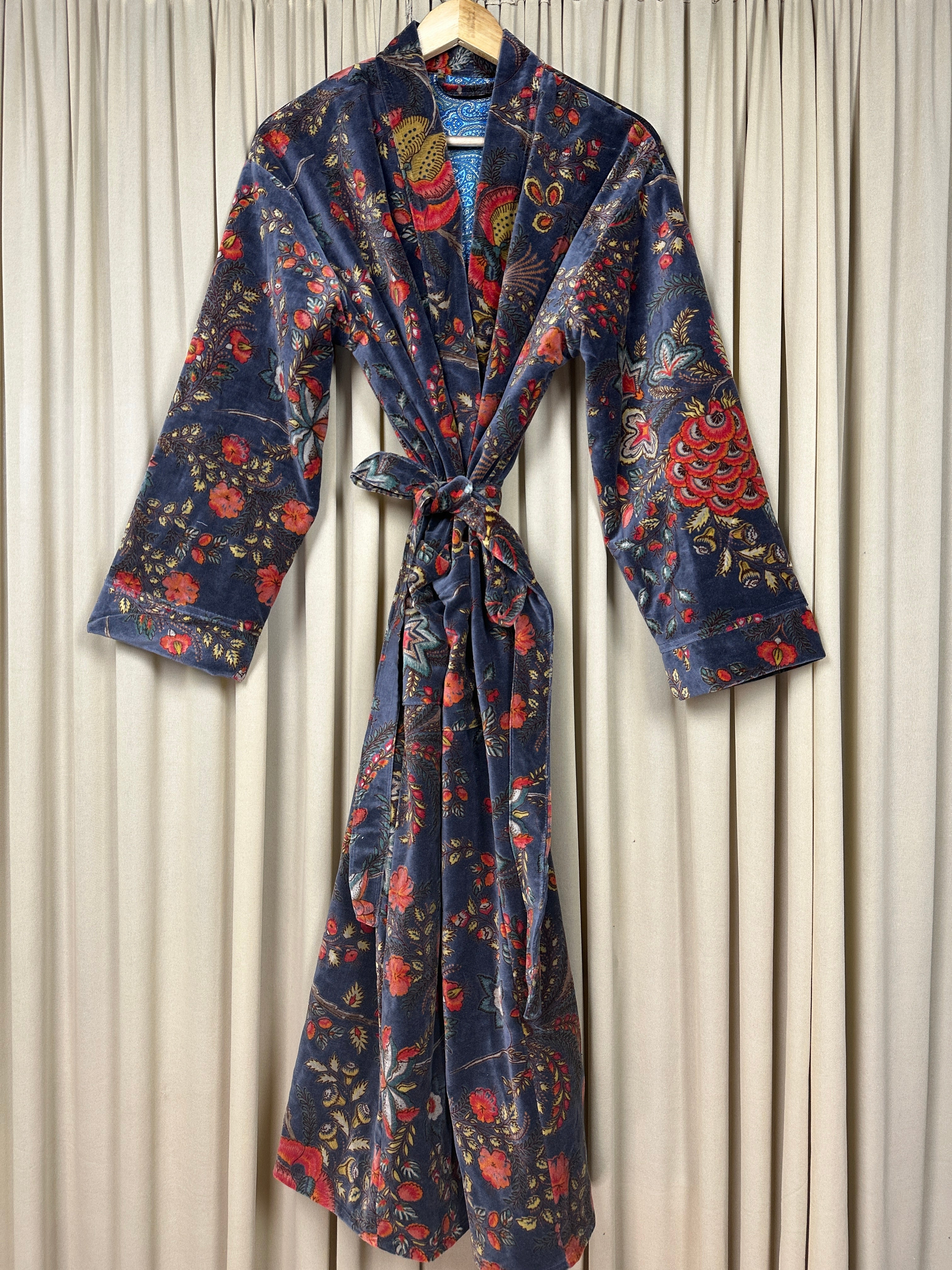 Luxury Velvet Kimono Unisex House Robe | Boho Jacket Autumn Winter Christmas Gift Elegant Reversible Silk Lined | Quirky Gown Gray Floral