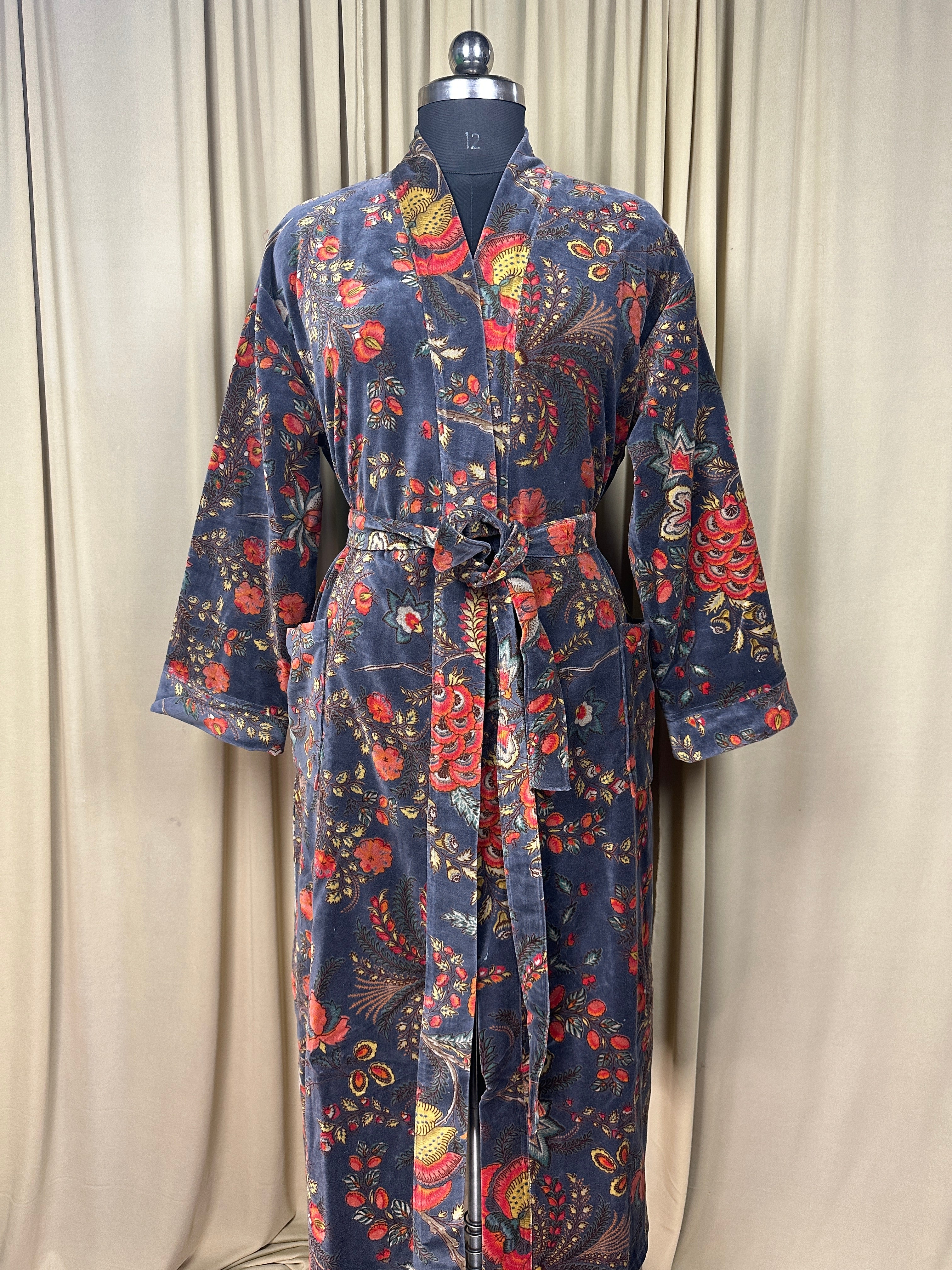 Luxury Velvet Kimono Unisex House Robe | Boho Jacket Autumn Winter Christmas Gift Elegant Reversible Silk Lined | Quirky Gown Gray Floral
