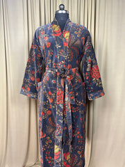Luxury Velvet Kimono Unisex House Robe | Boho Jacket Autumn Winter Christmas Gift Elegant Reversible Silk Lined | Quirky Gown Gray Floral