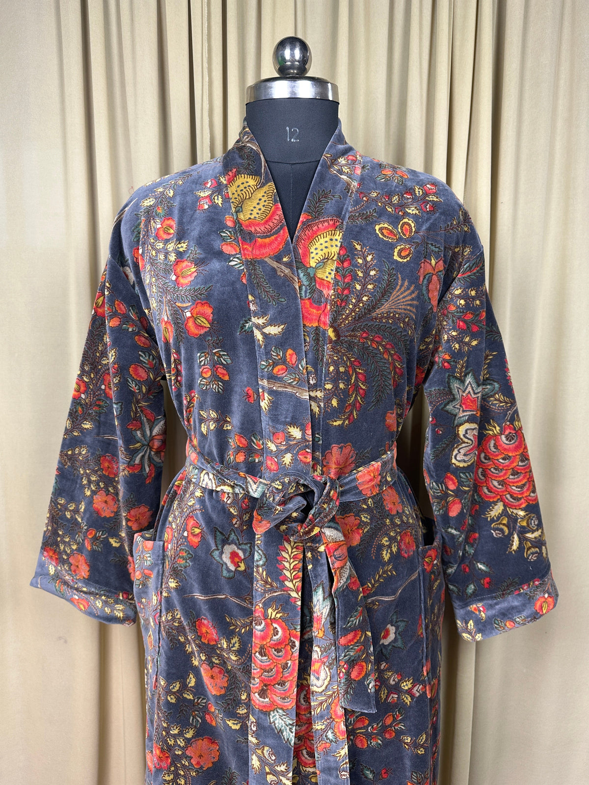 Luxury Velvet Kimono Unisex House Robe | Boho Jacket Autumn Winter Christmas Gift Elegant Reversible Silk Lined | Quirky Gown Gray Floral