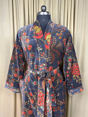 Luxury Velvet Kimono Unisex House Robe | Boho Jacket Autumn Winter Christmas Gift Elegant Reversible Silk Lined | Quirky Gown Gray Floral