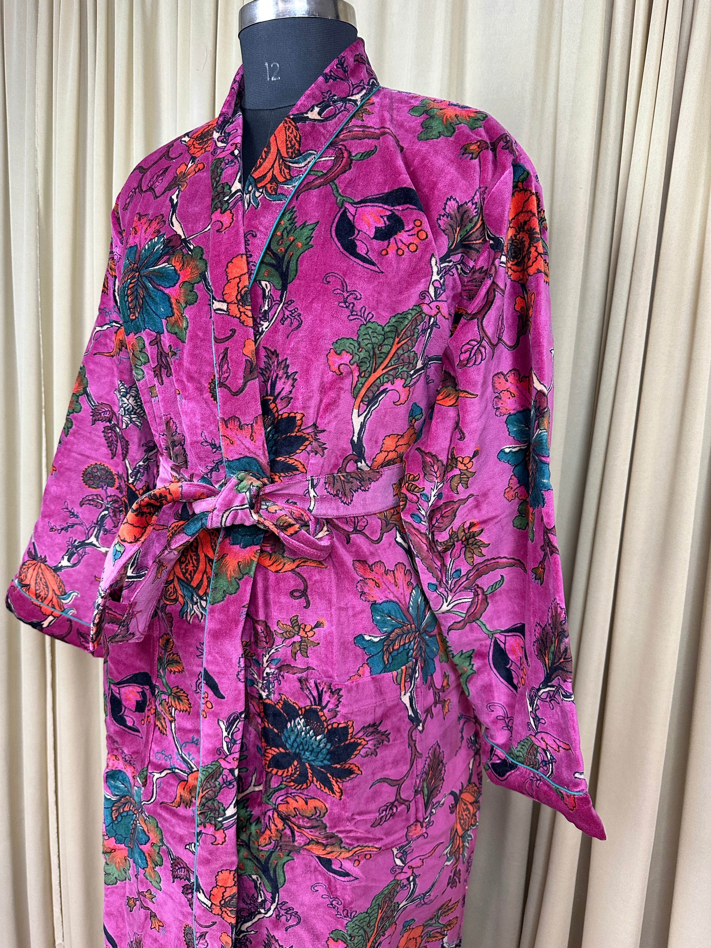 Luxury Velvet Kimono Unisex House Robe | Boho Jacket Autumn Winter Christmas Gift Elegant Reversible Cotton Lined | Quirky Gown Pink Floral