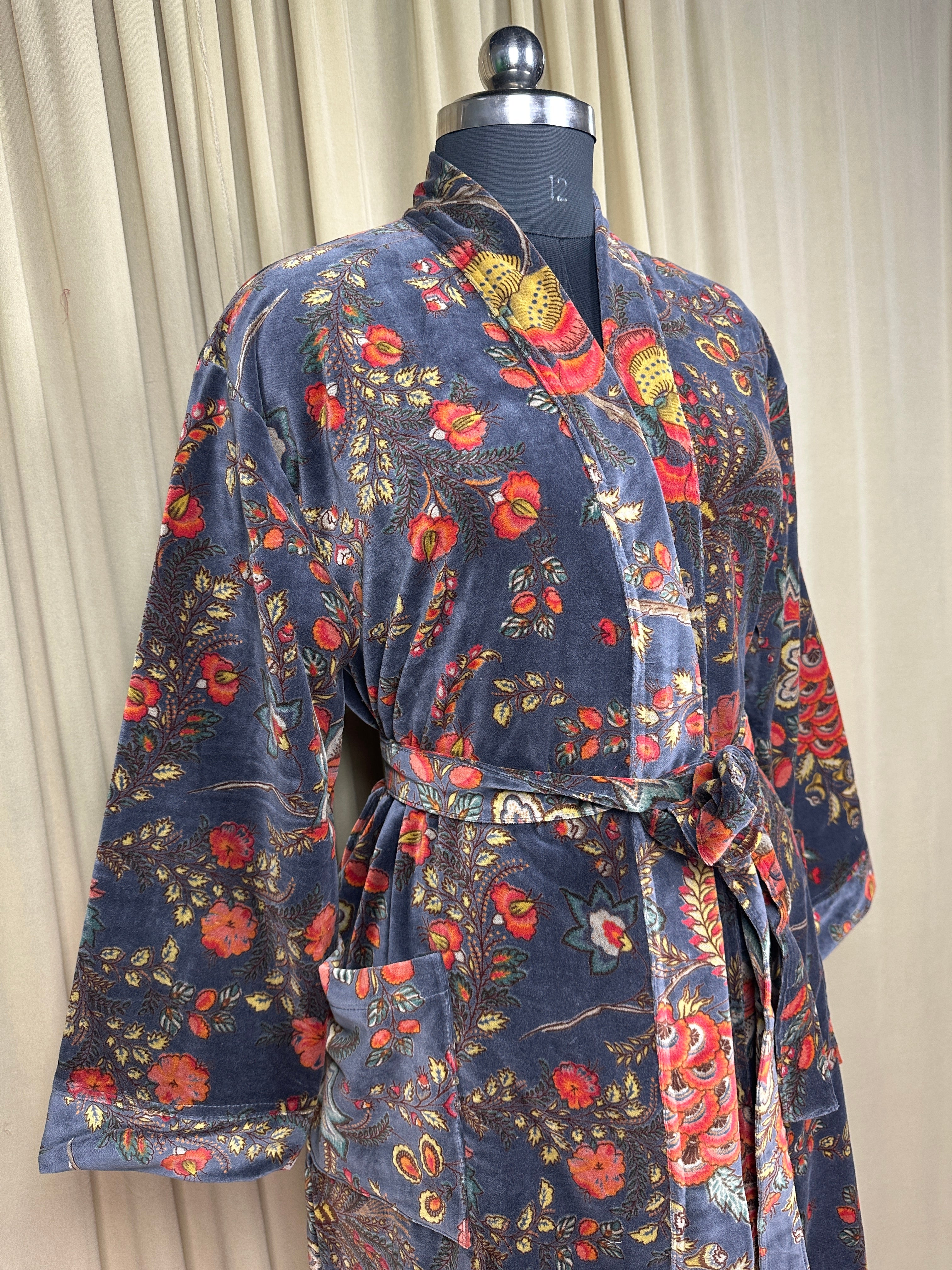 Luxury Velvet Kimono Unisex House Robe | Boho Jacket Autumn Winter Christmas Gift Elegant Reversible Silk Lined | Quirky Gown Gray Floral
