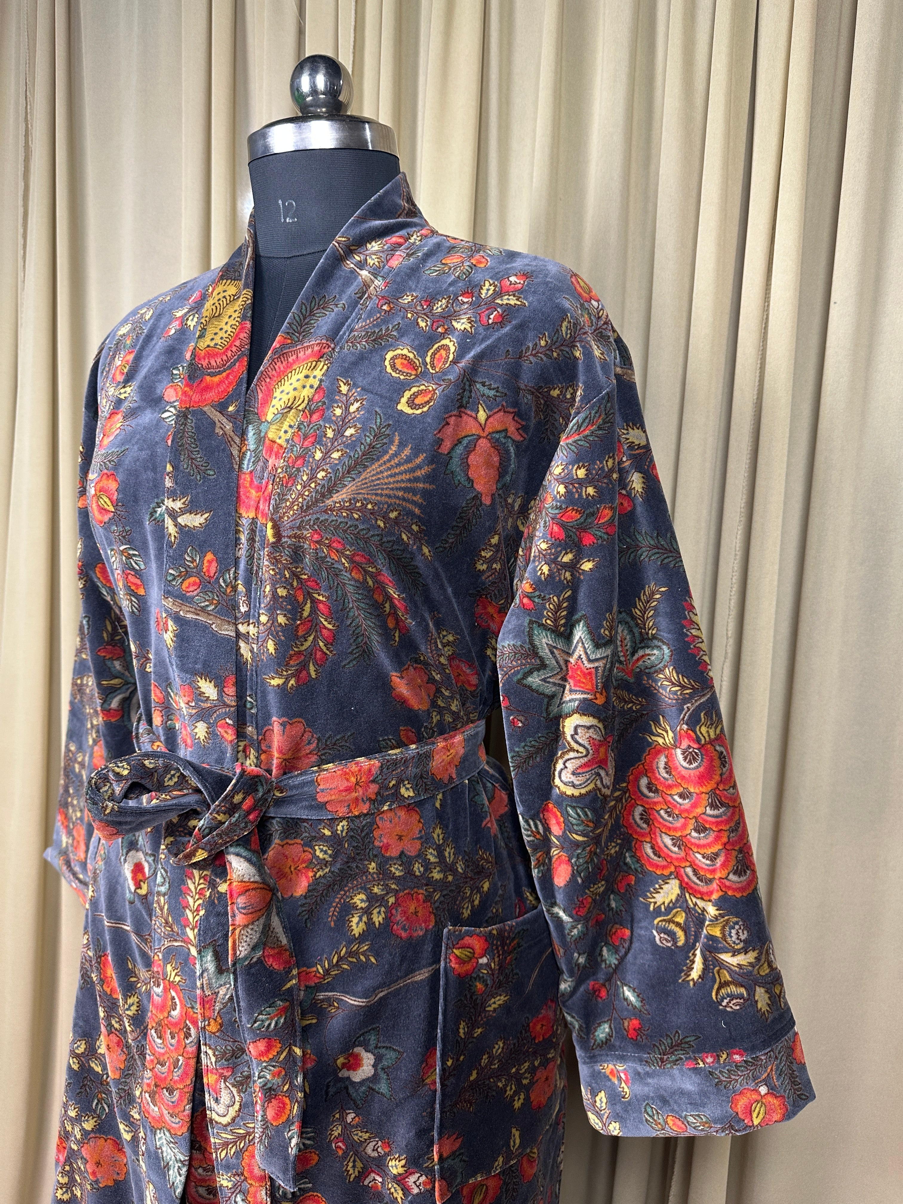 Luxury Velvet Kimono Unisex House Robe | Boho Jacket Autumn Winter Christmas Gift Elegant Reversible Silk Lined | Quirky Gown Gray Floral
