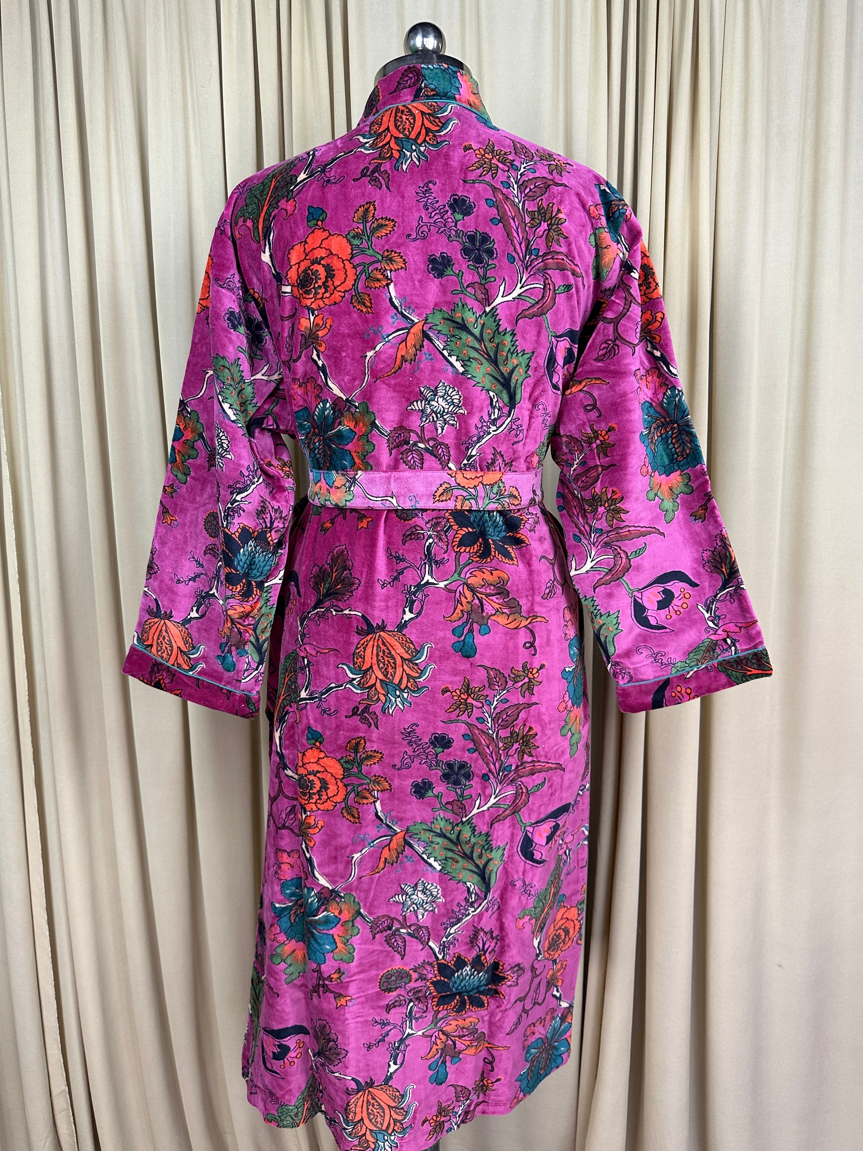 Luxury Velvet Kimono Unisex House Robe | Boho Jacket Autumn Winter Christmas Gift Elegant Reversible Cotton Lined | Quirky Gown Pink Floral