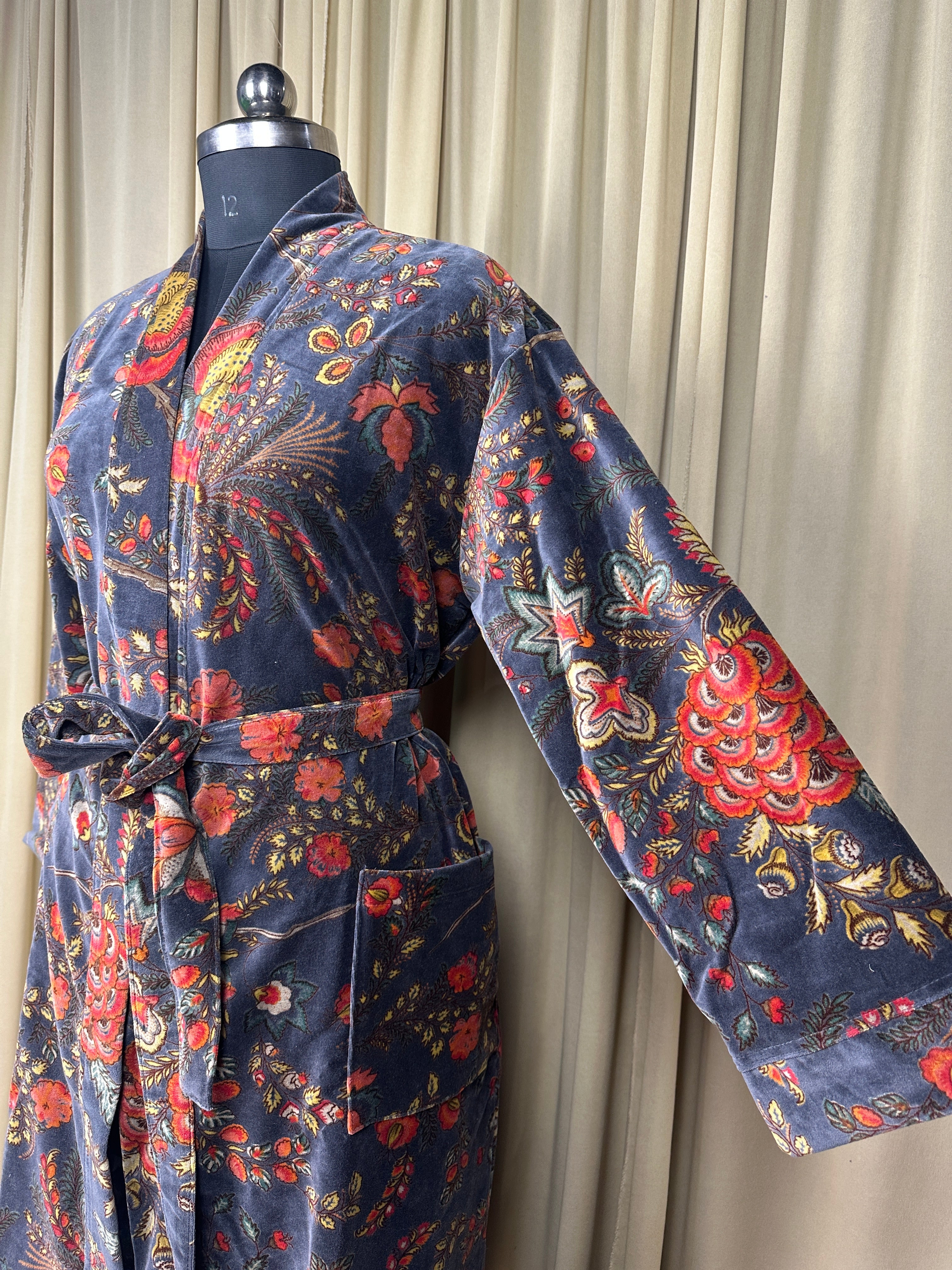 Luxury Velvet Kimono Unisex House Robe | Boho Jacket Autumn Winter Christmas Gift Elegant Reversible Silk Lined | Quirky Gown Gray Floral