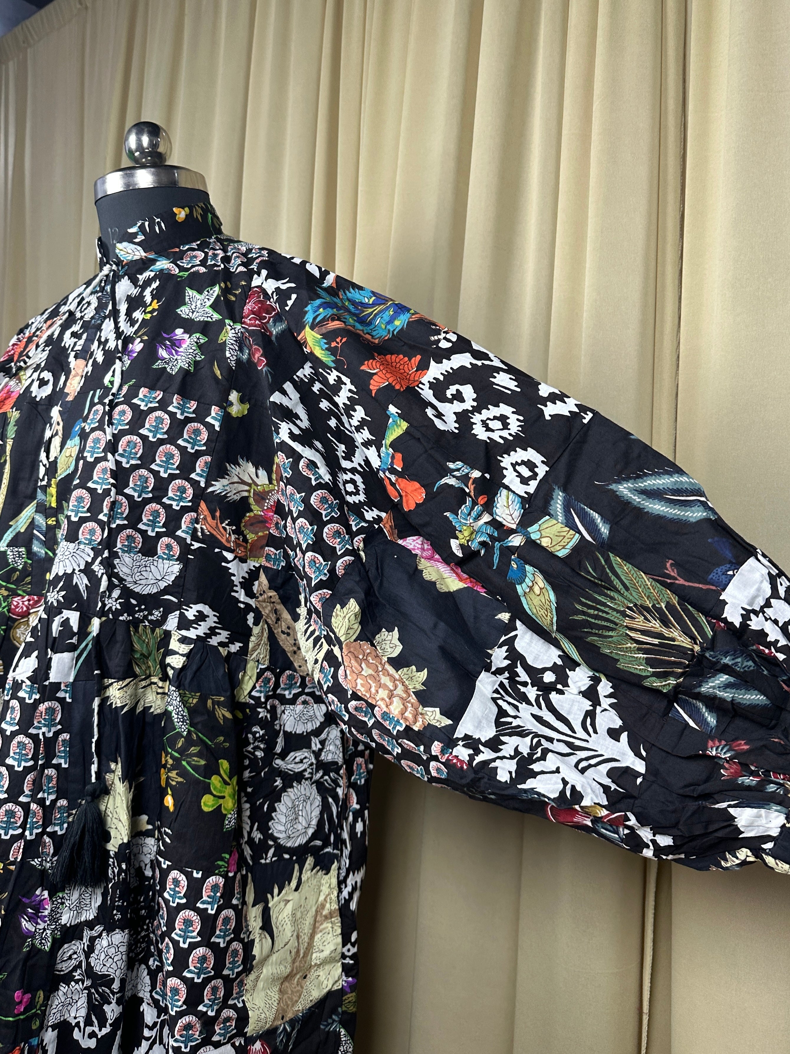 Boho Maxi Dress With Sleeves | Handmade Patchwork Long Flowy Beach Dress, One-of-a-kind Elegant Retro Outfit, Modest Gown with Pockets