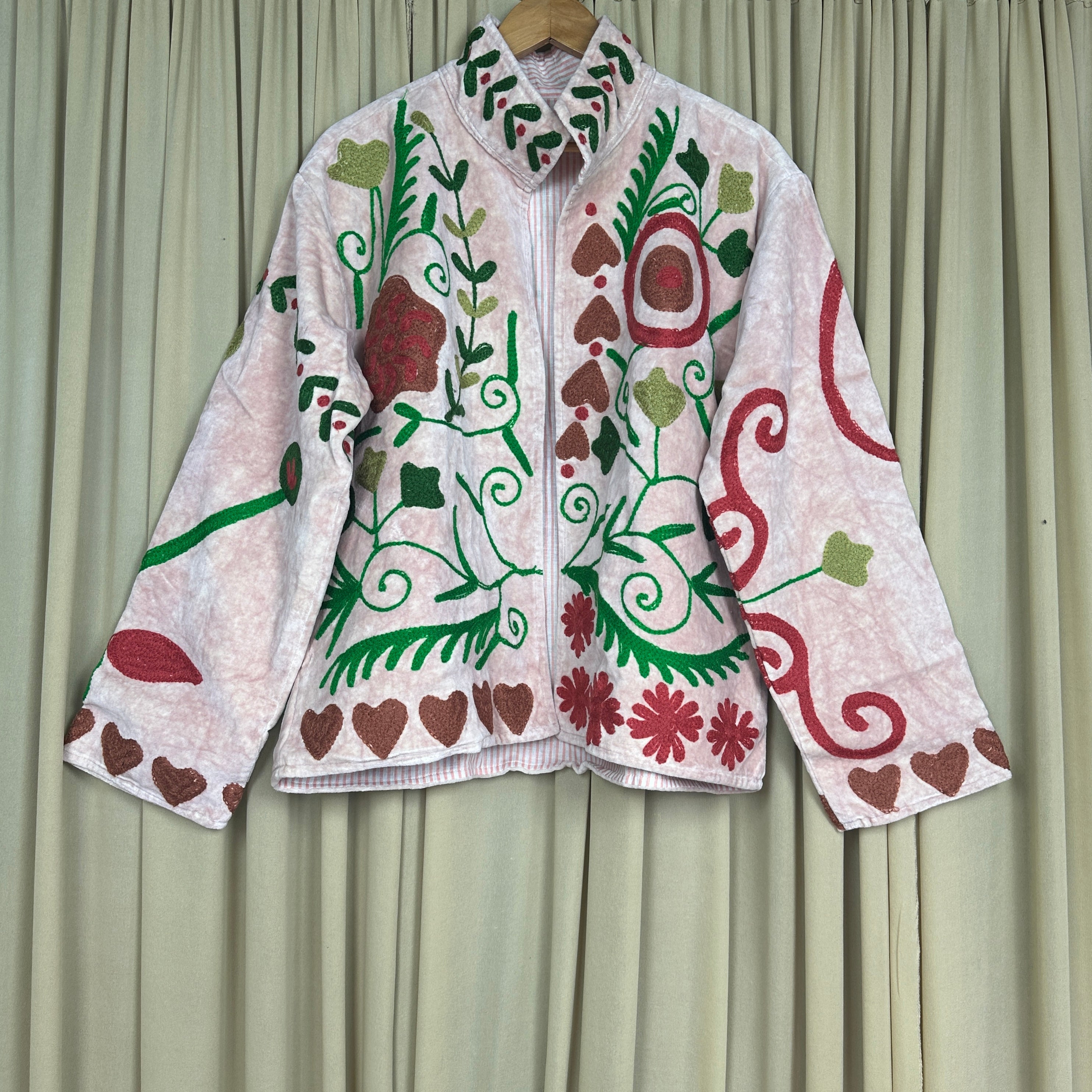 Boho Hand Embroidered Velvet Suzani Jacket, White Floral Open Front Coat Winter Wear Free Size Robe Retro Chic Free Size Robe Blazer for Her