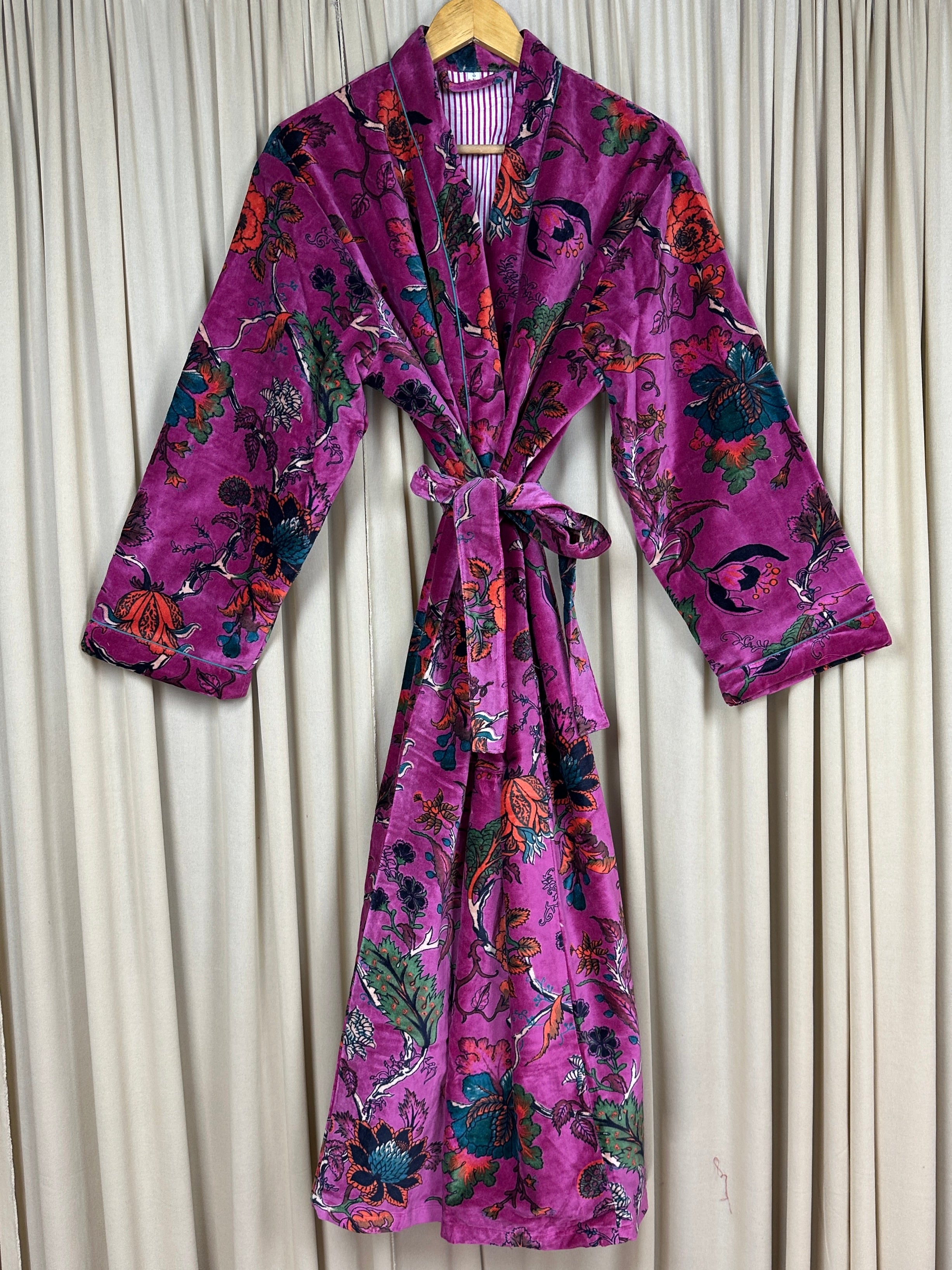 Luxury Velvet Kimono Unisex House Robe | Boho Jacket Autumn Winter Christmas Gift Elegant Reversible Cotton Lined | Quirky Gown Pink Floral