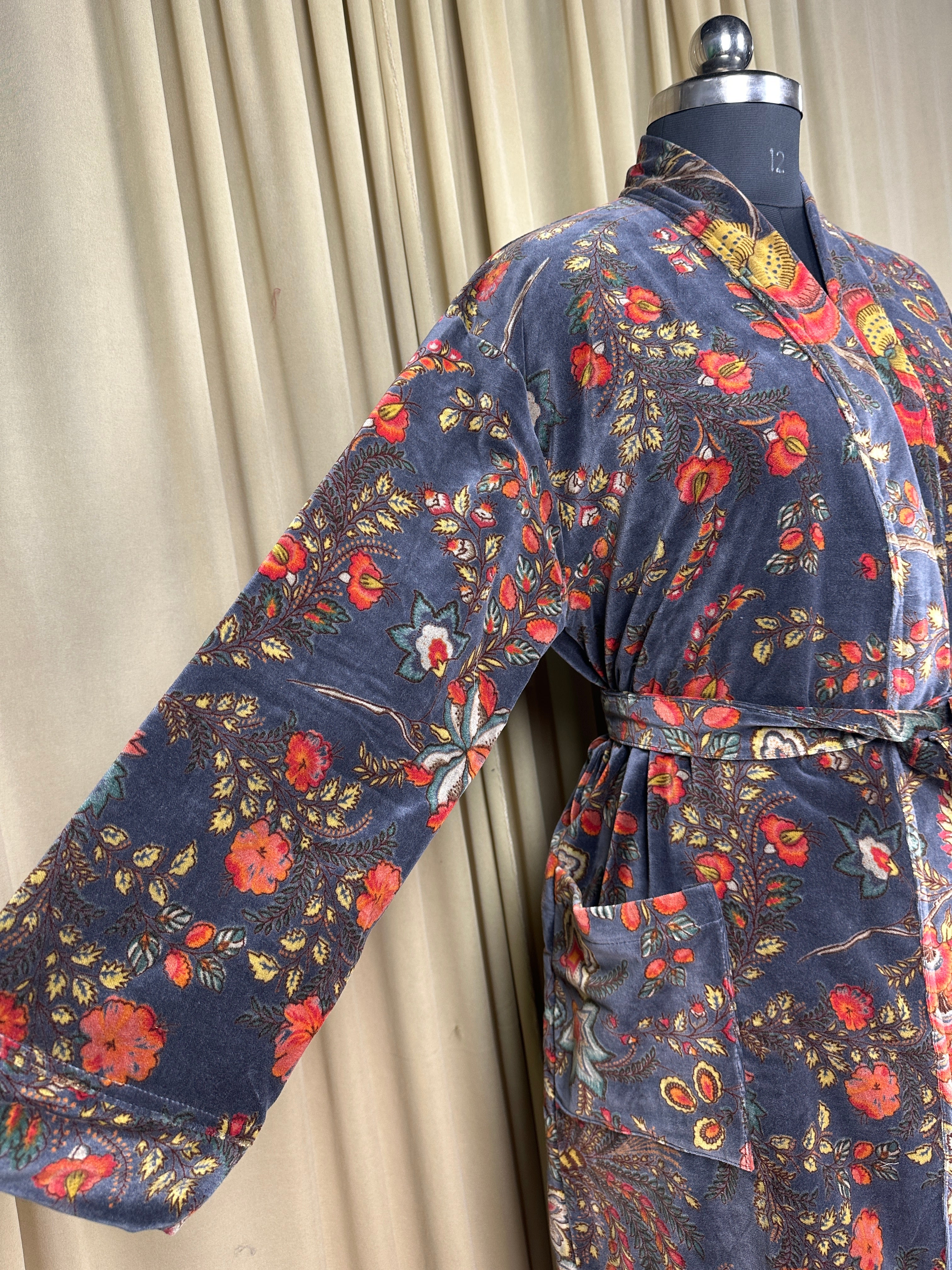 Luxury Velvet Kimono Unisex House Robe | Boho Jacket Autumn Winter Christmas Gift Elegant Reversible Silk Lined | Quirky Gown Gray Floral