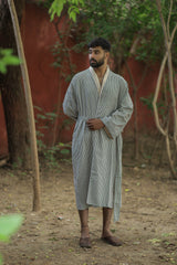 Men's Striped Cotton Kimono Robe, Long Lightweight Sleepwear with Pockets, One Size Soft Breathable Spa Beach Resort Cover Up Dressing Gown