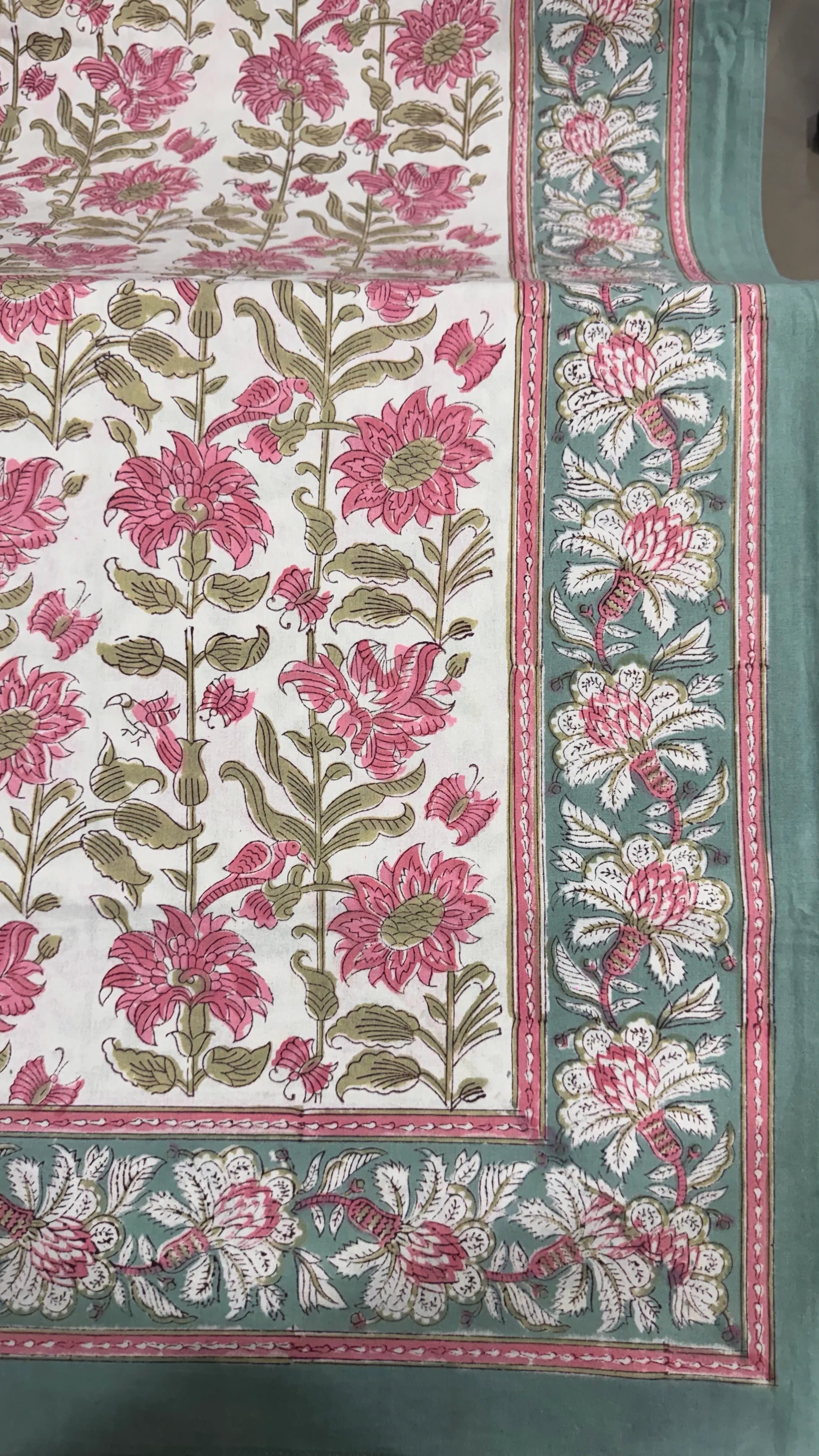Pure Soft Cotton Bedsheet with Pillow Covers, Hand Block Printed Jaipuri Floral, King Queen Summer Bedspread Sofa Throw | Organic Bedding XL