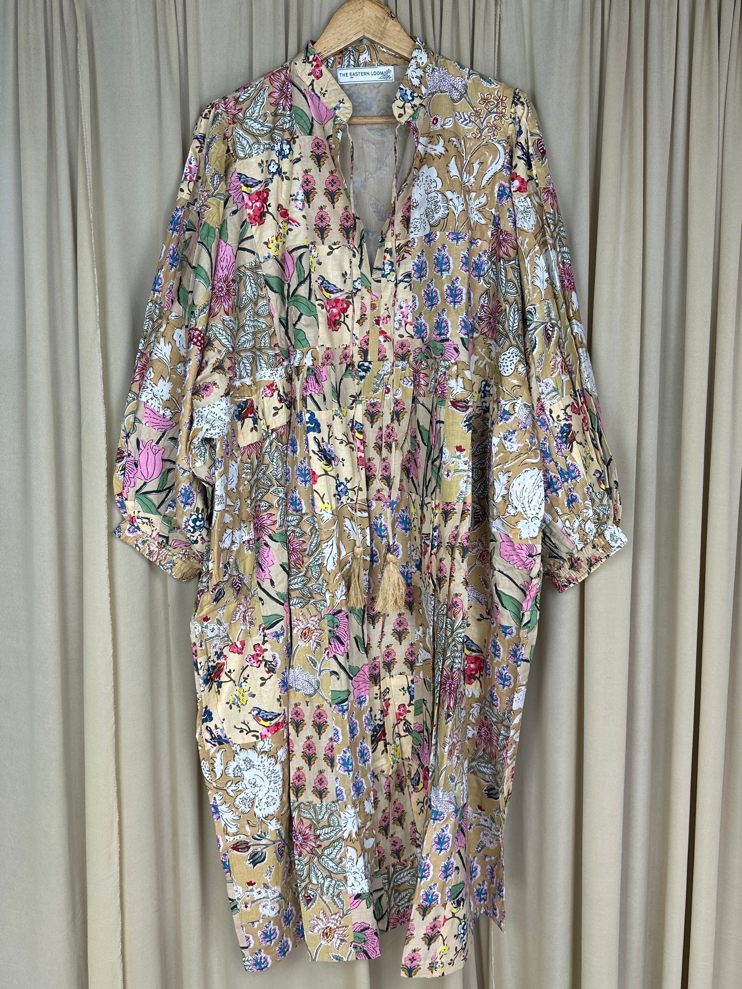 Boho Maxi Dress With Sleeves | Handmade Patchwork Long Flowy Beach Dress, One-of-a-kind Elegant Retro Outfit, Modest Gown with Pockets
