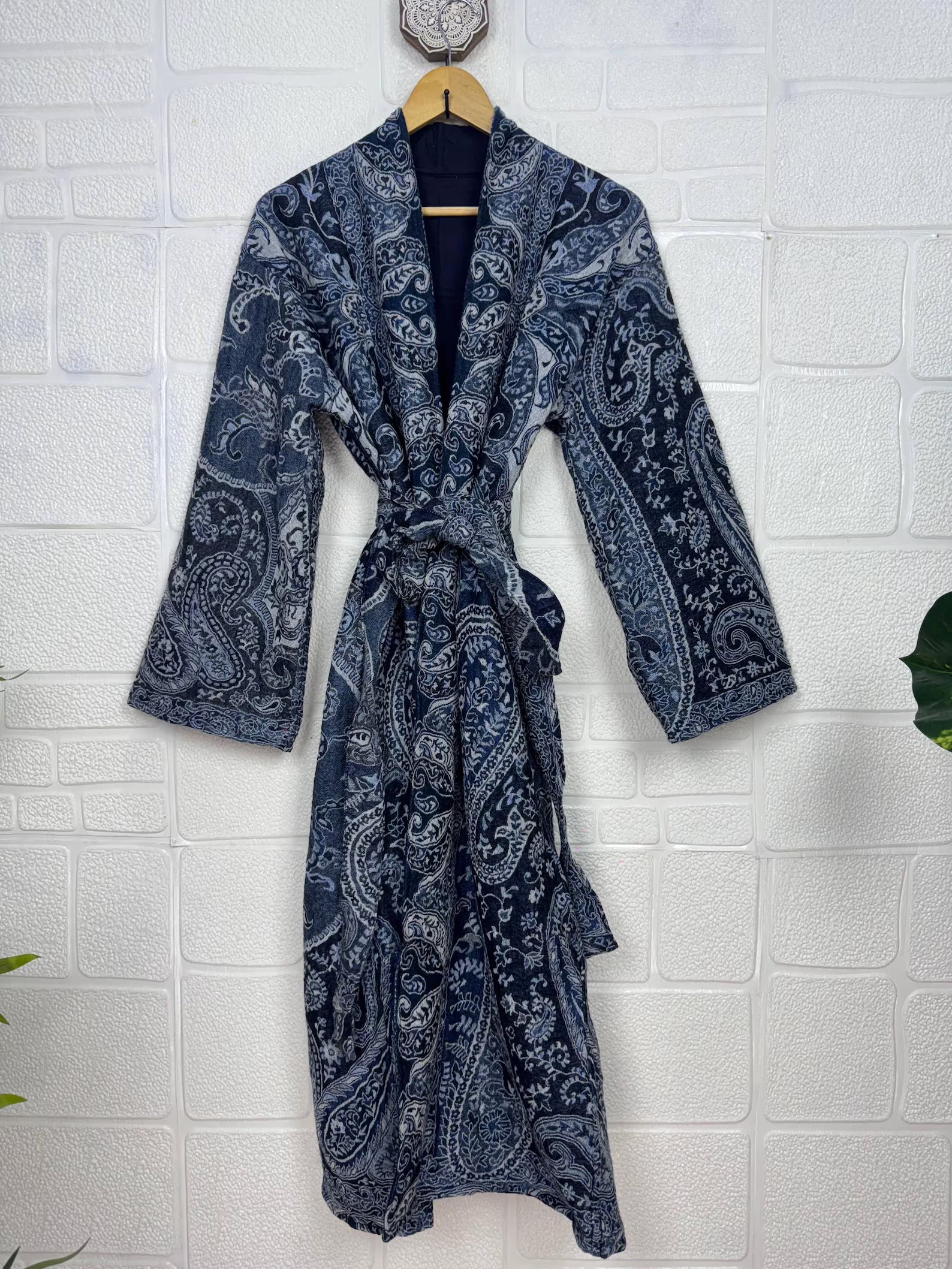 Handmade Boiled Merino Wool Kimono: Paisley Floral Robe Jacket