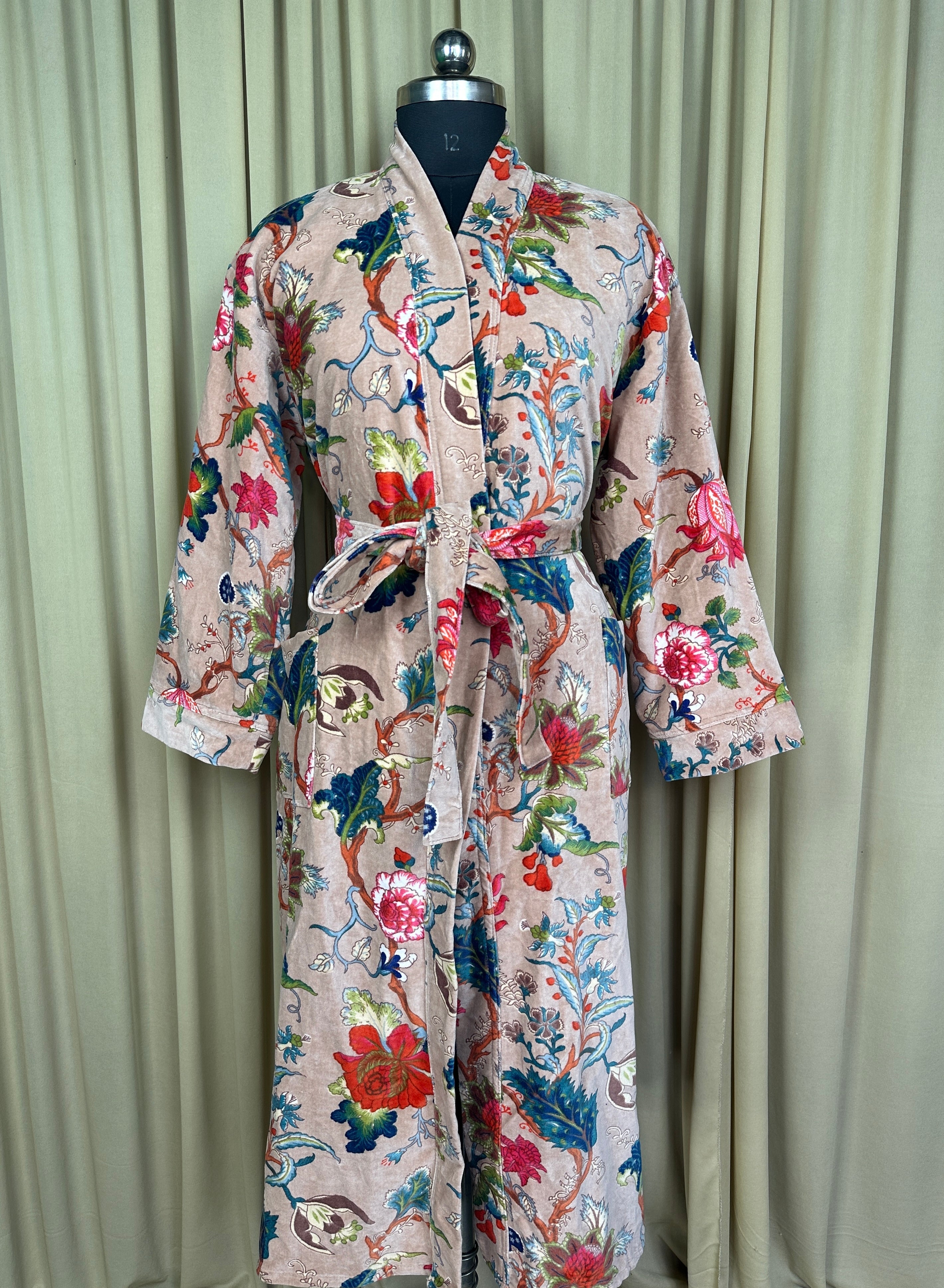 Luxury Velvet Kimono Unisex House Robe | Boho Jacket Autumn Winter Christmas Gift Elegant Reversible Silk Lined | Quirky Gown Pikn Floral