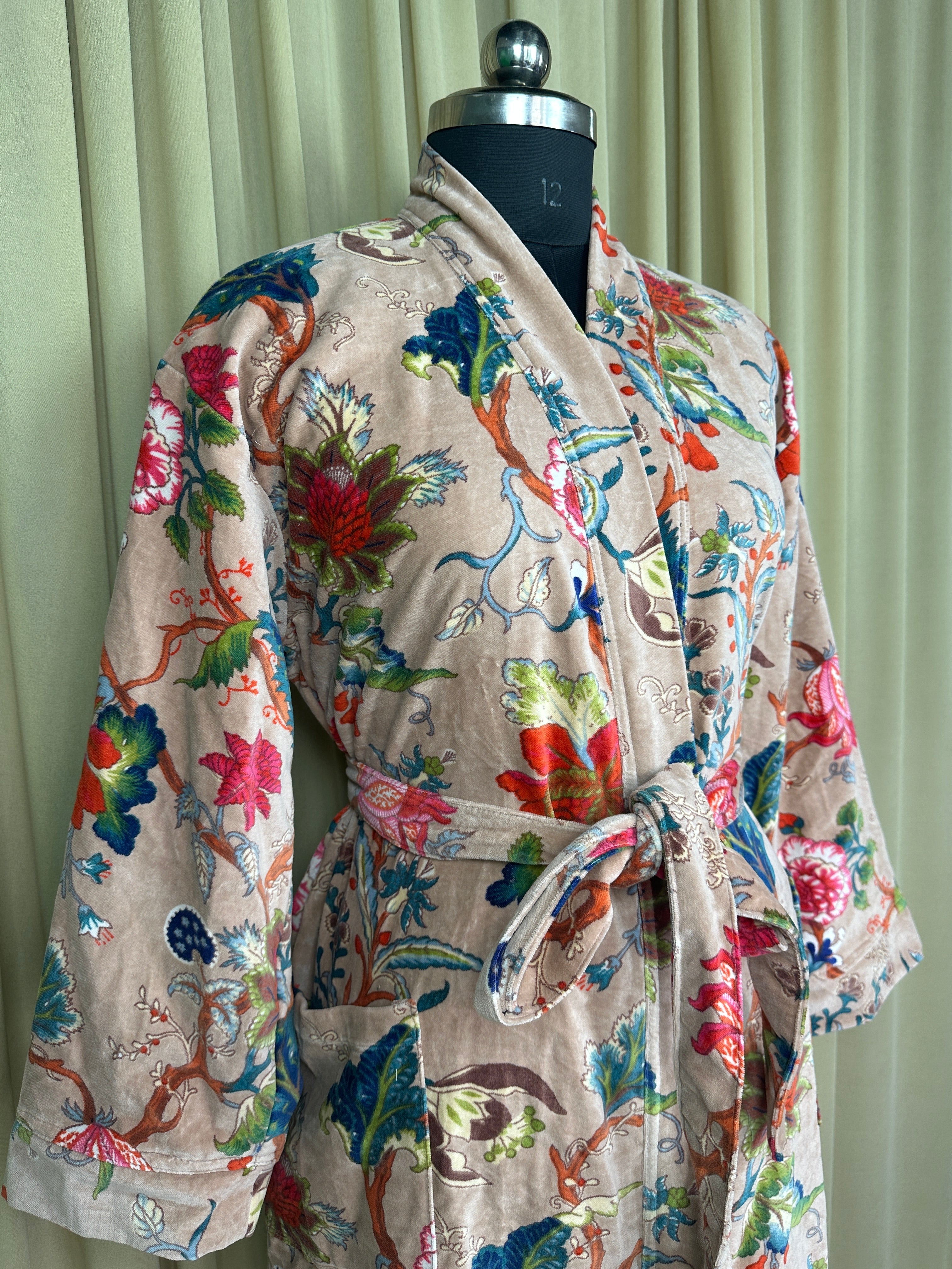 Luxury Velvet Kimono Unisex House Robe | Boho Jacket Autumn Winter Christmas Gift Elegant Reversible Silk Lined | Quirky Gown Pikn Floral