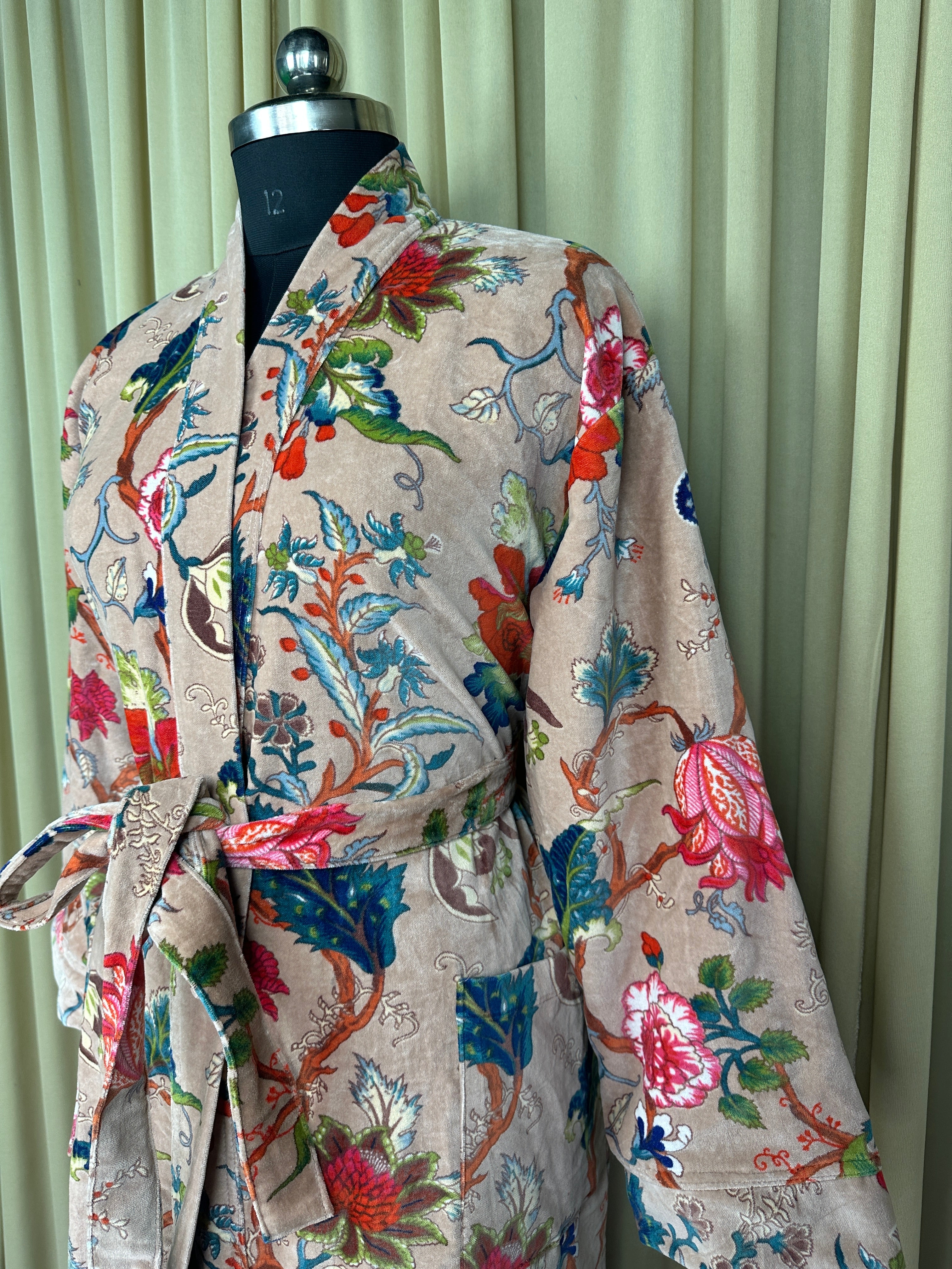 Luxury Velvet Kimono Unisex House Robe | Boho Jacket Autumn Winter Christmas Gift Elegant Reversible Silk Lined | Quirky Gown Pikn Floral