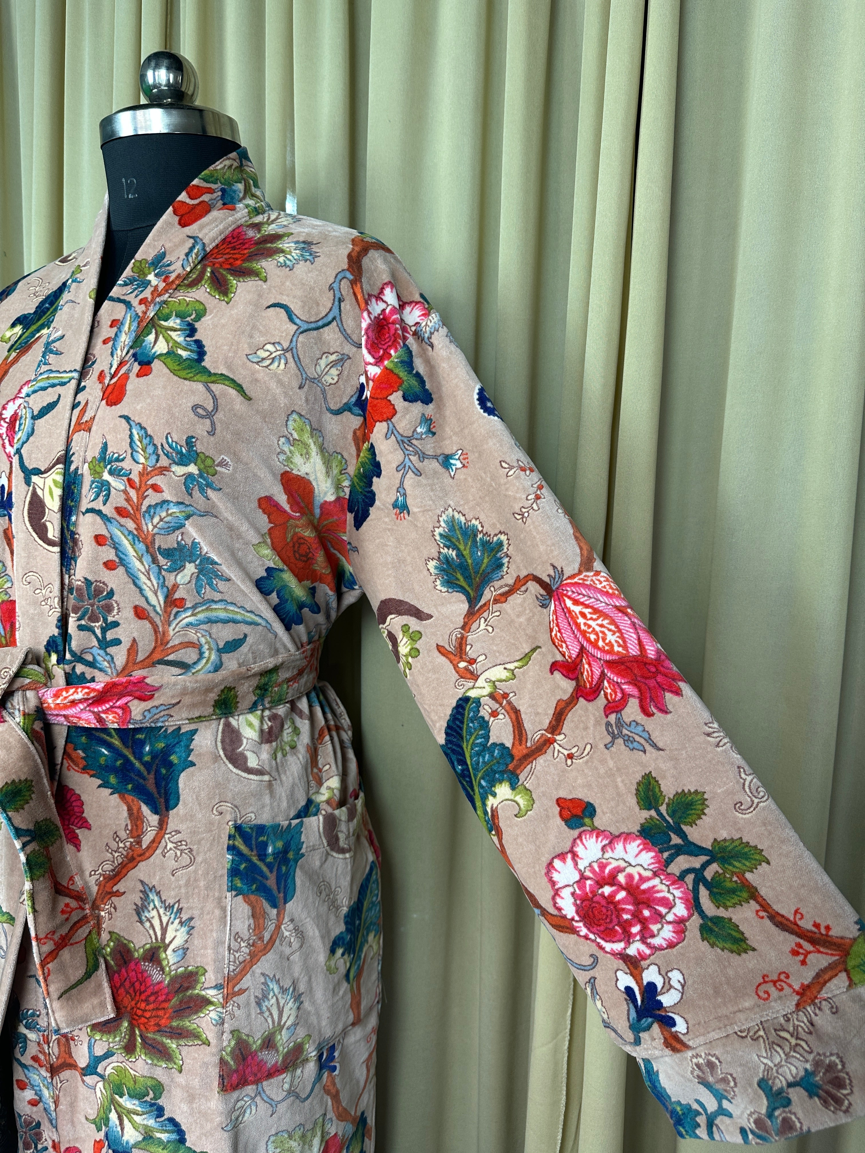 Luxury Velvet Kimono Unisex House Robe | Boho Jacket Autumn Winter Christmas Gift Elegant Reversible Silk Lined | Quirky Gown Pikn Floral