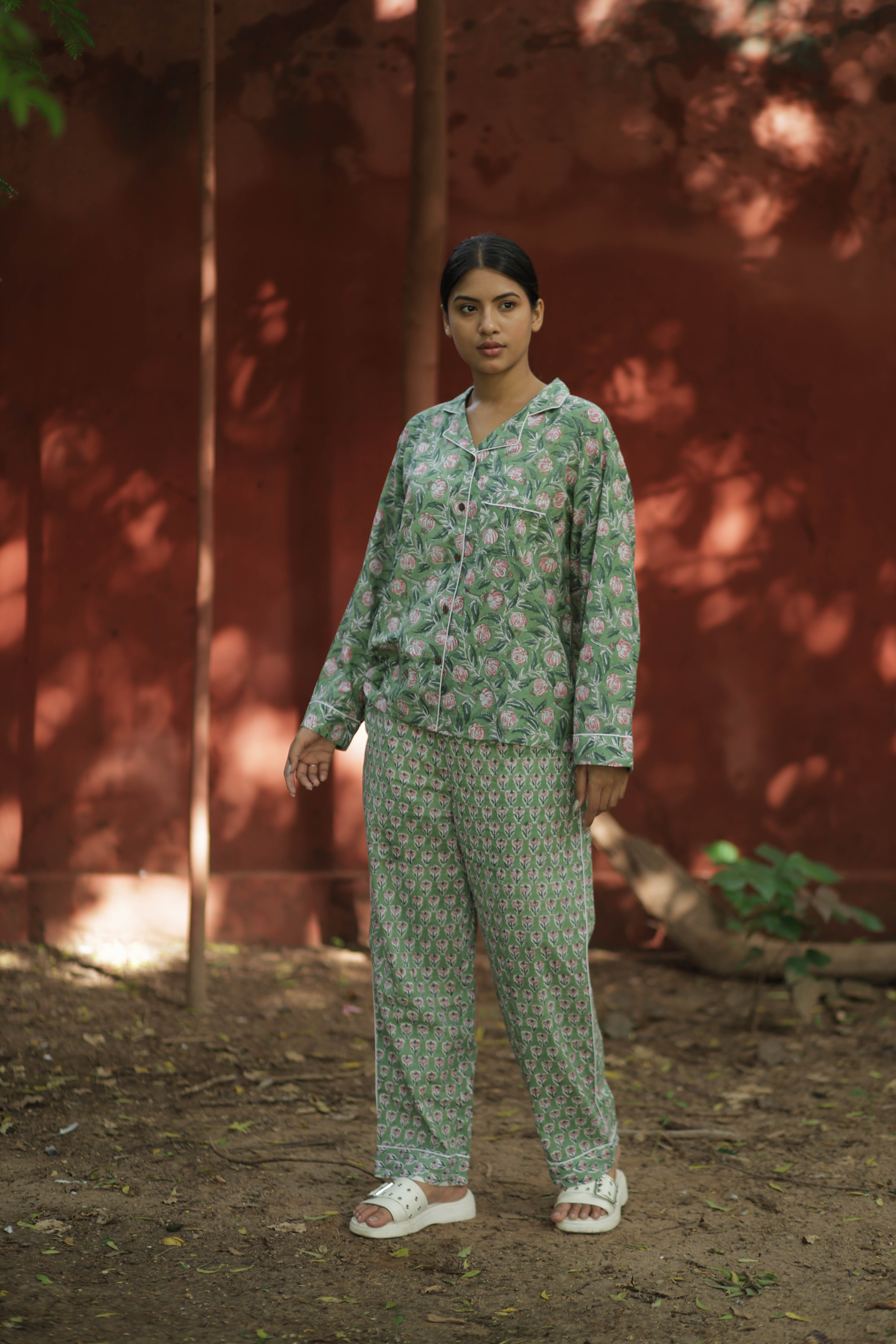 Handblock Floral Cotton Pajama Set for Women, Soft Lightweight Nightwear, Breathable Luxury PJs with Pockets, Holiday Co-Ord Set